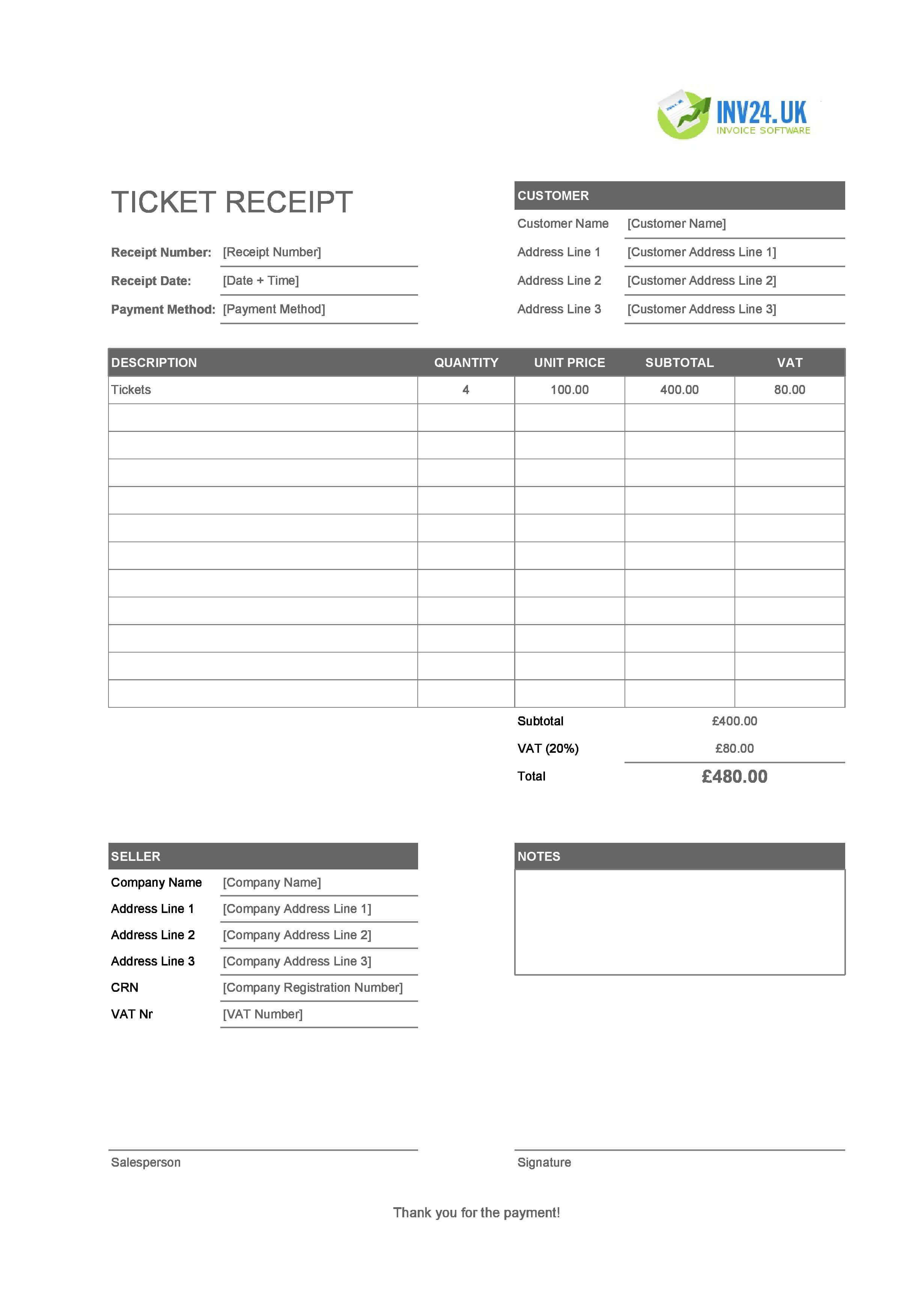 Ticket Receipt Template for UK (Excel / Google Sheets)