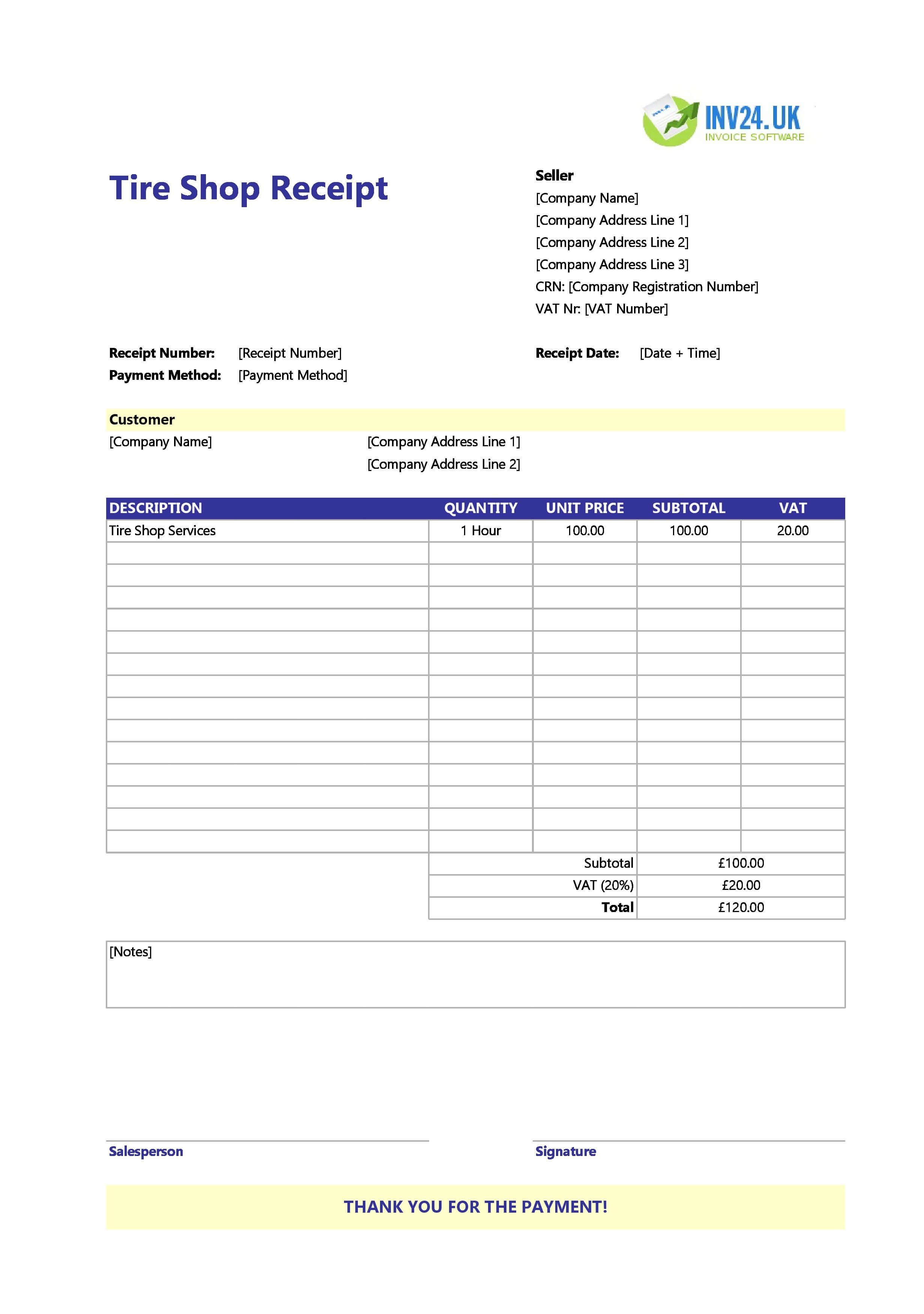 Tire Shop Receipt Template for UK (Excel / Google Sheets)