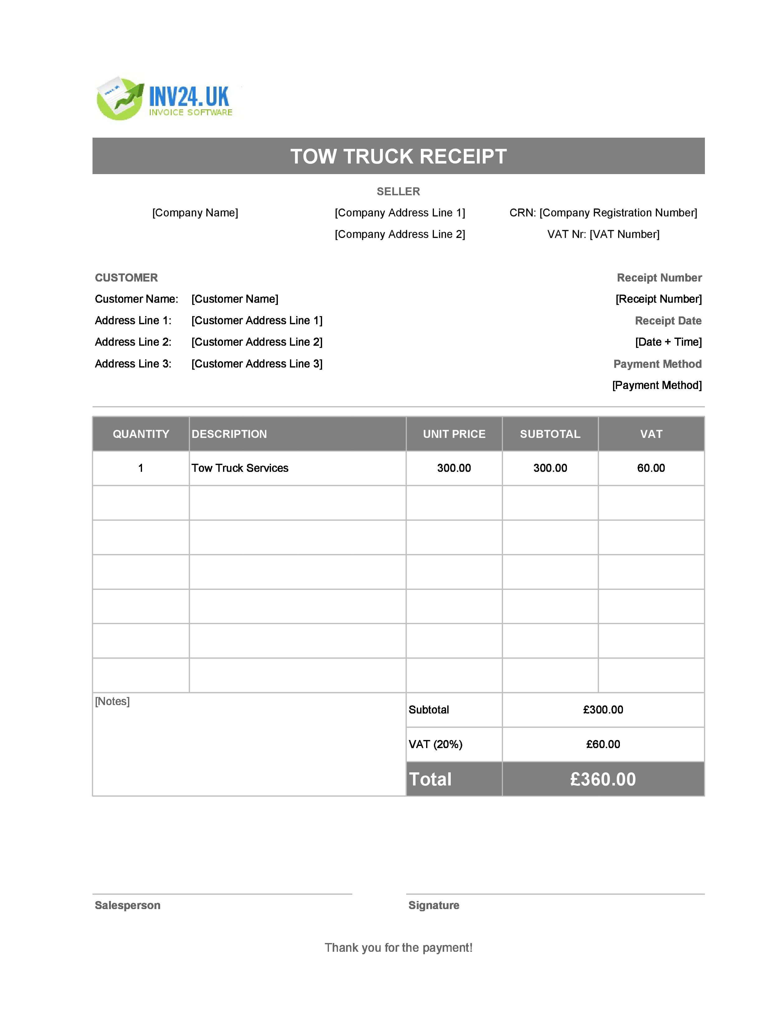 Tow Truck Receipt Template for UK (Excel / Google Sheets)