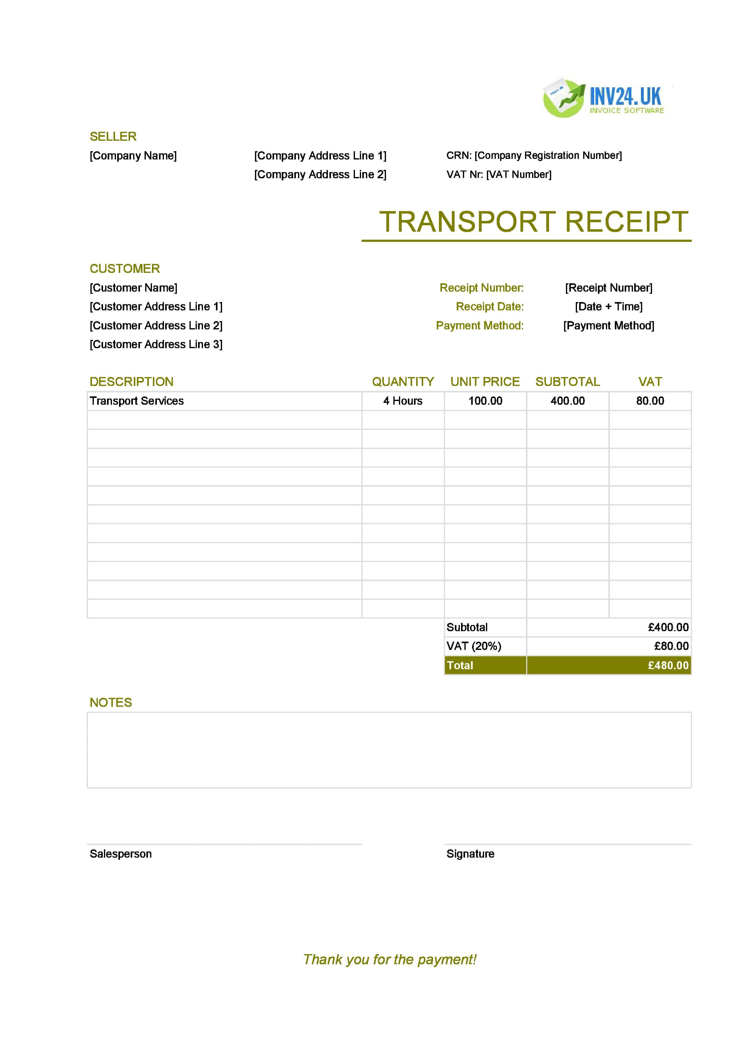 Transport Receipt Template for UK (Excel / Google Sheets)