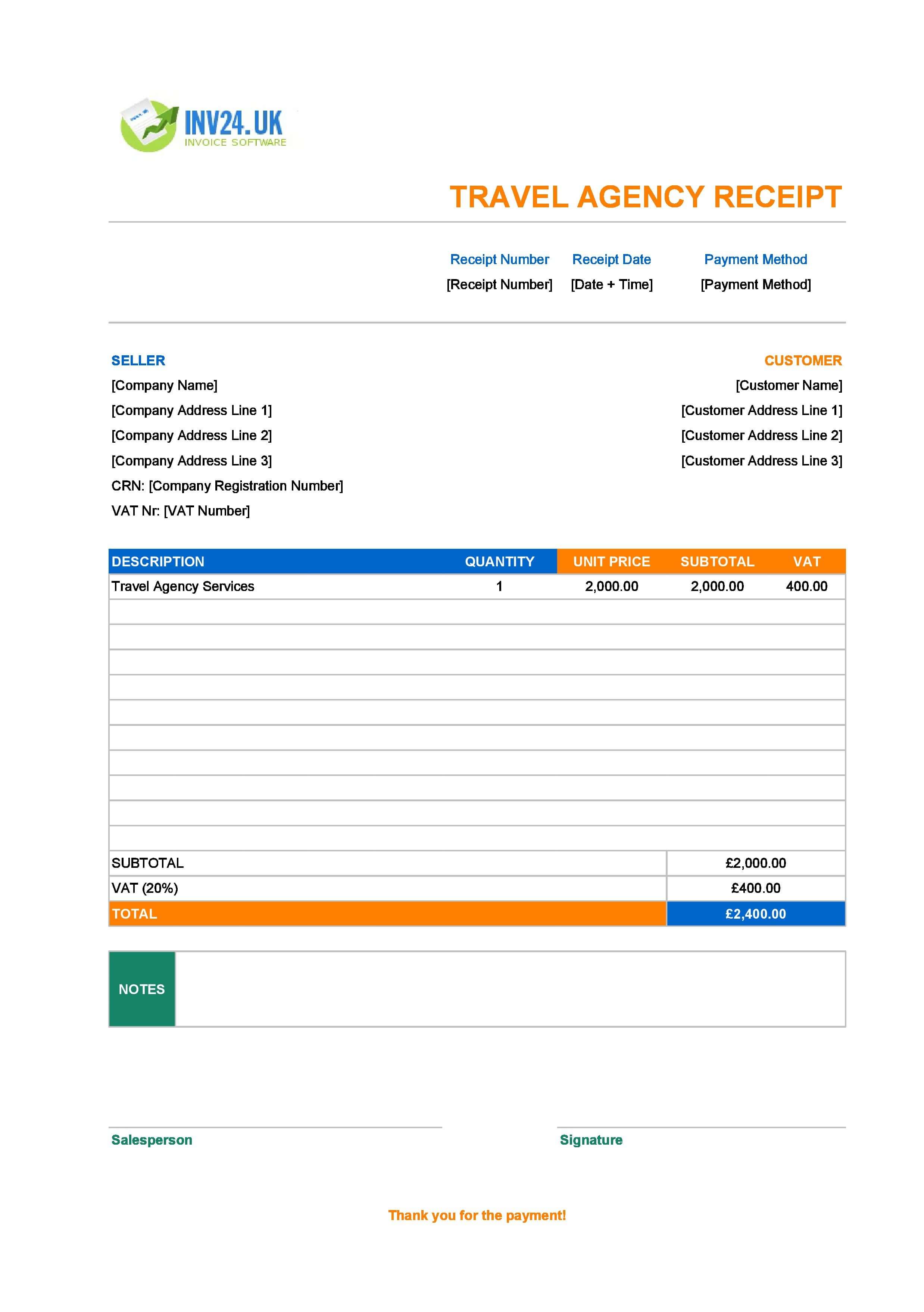 Travel Agency Receipt Template for UK (Excel / Google Sheets)