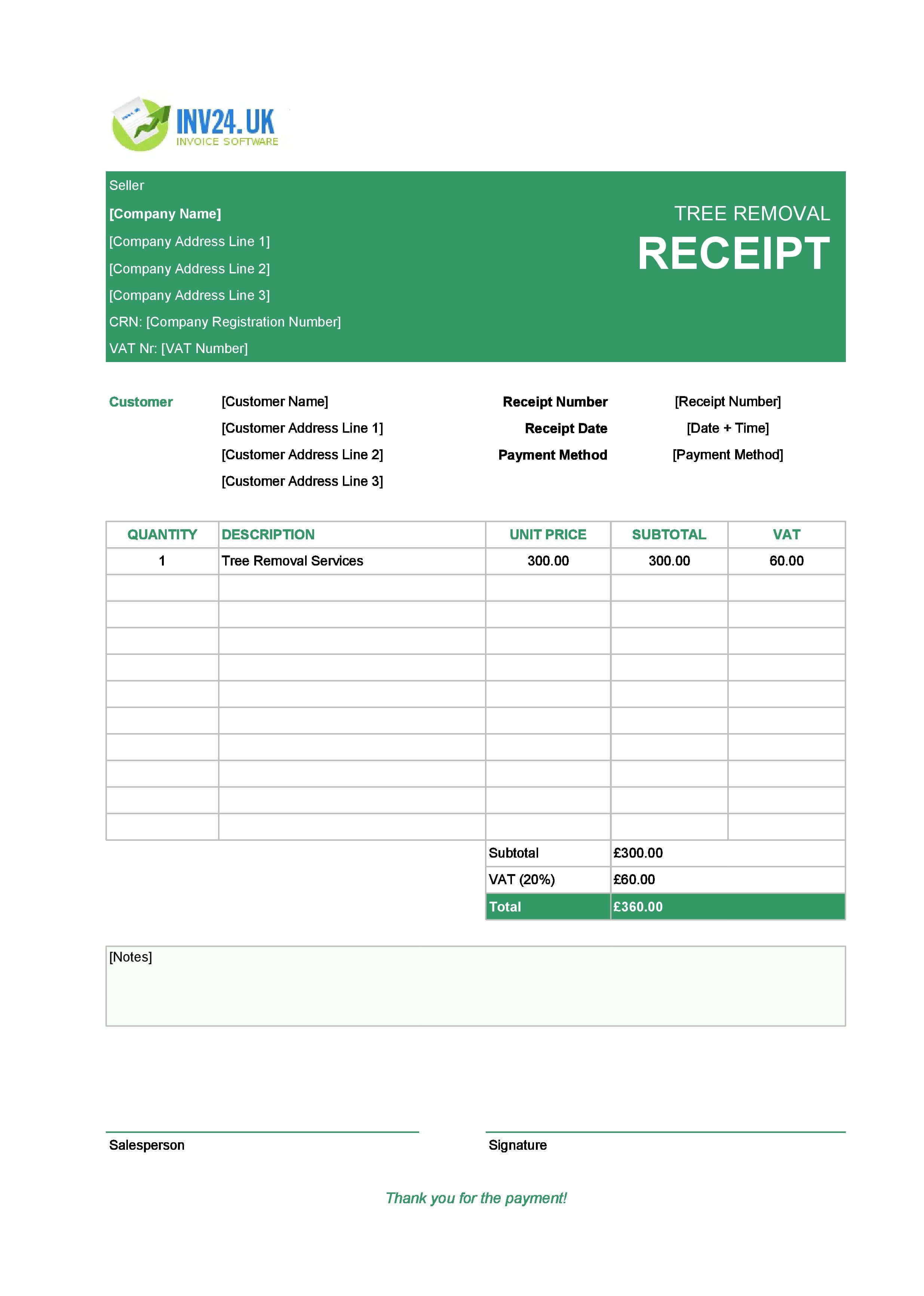 Tree Removal Receipt Template for UK (Excel / Google Sheets)