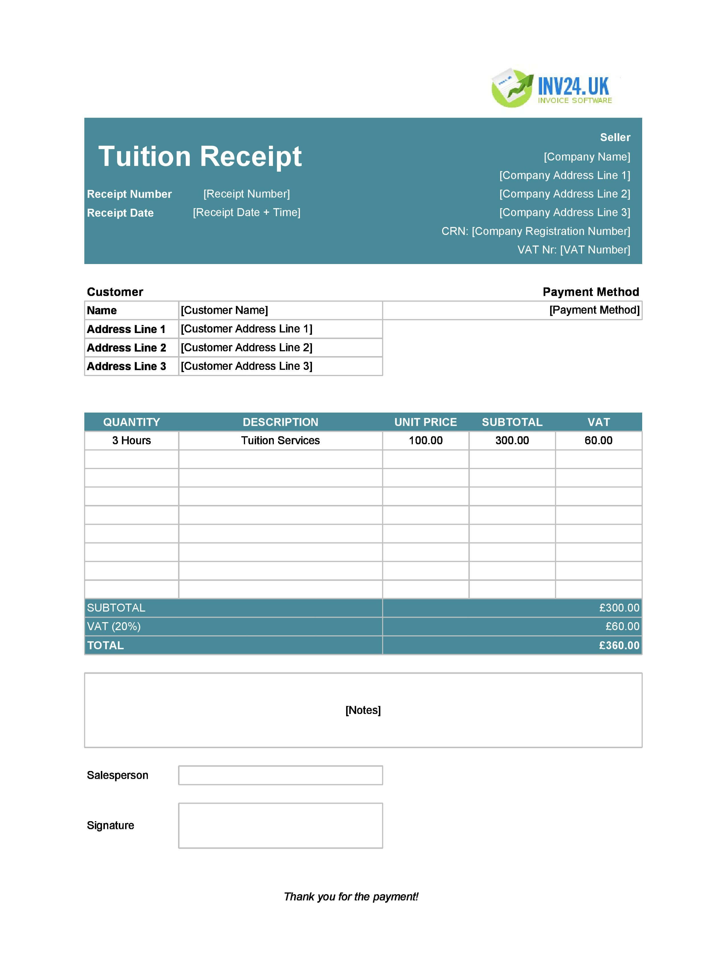 Tuition Receipt Template for UK (Excel / Google Sheets)