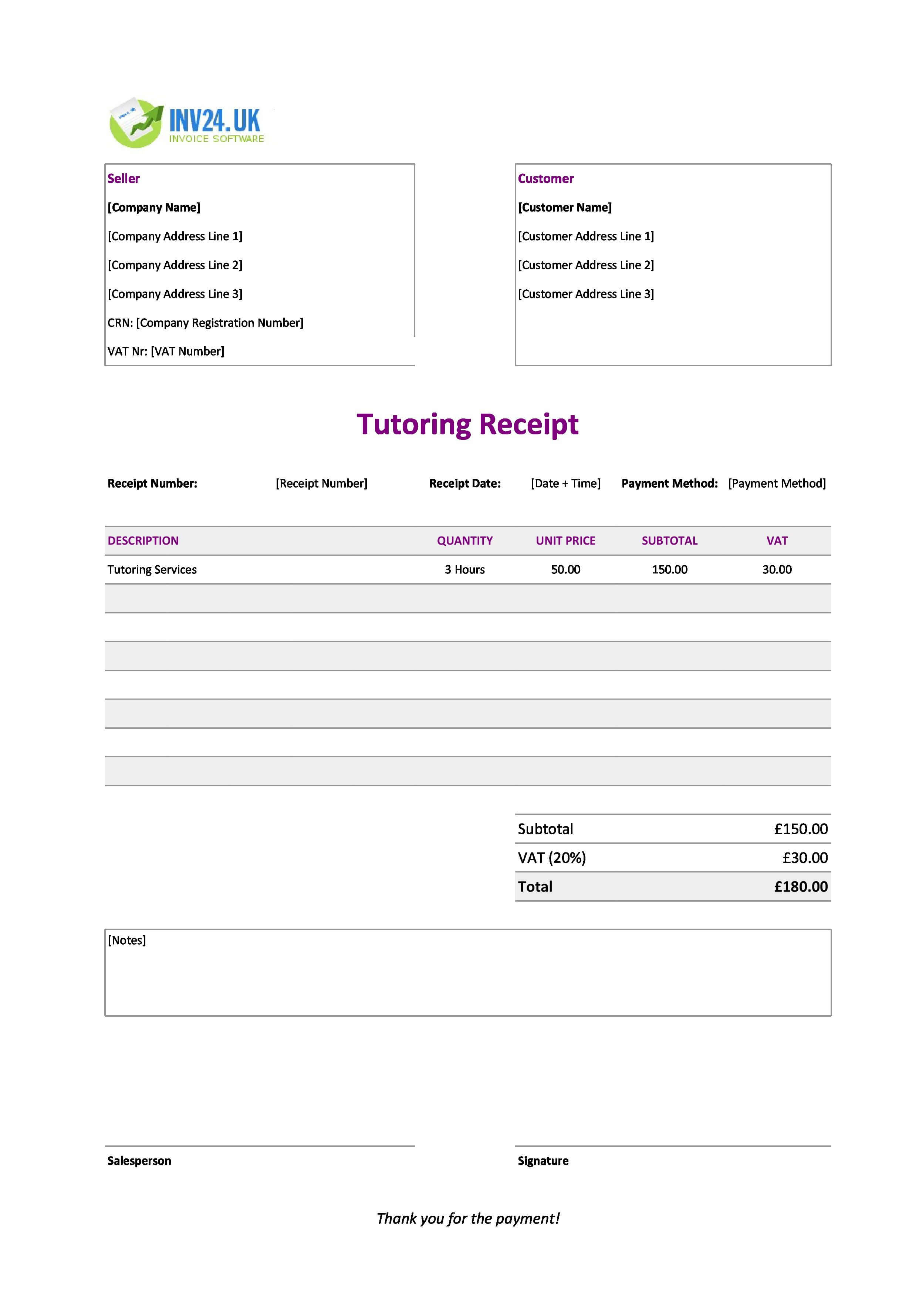 Tutoring Receipt Template for UK (Excel / Google Sheets)