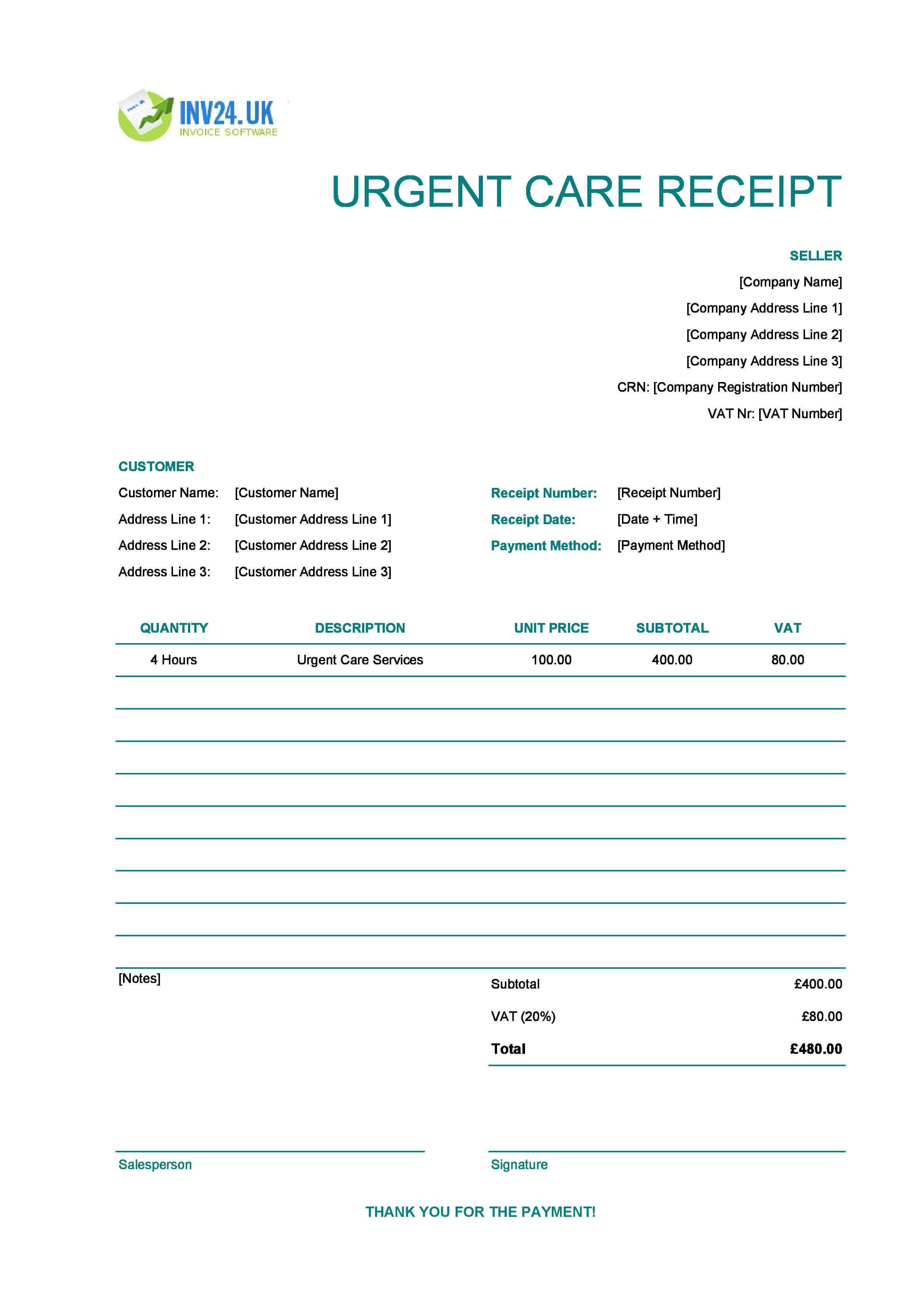 Urgent Care Receipt Template for UK (Excel / Google Sheets)