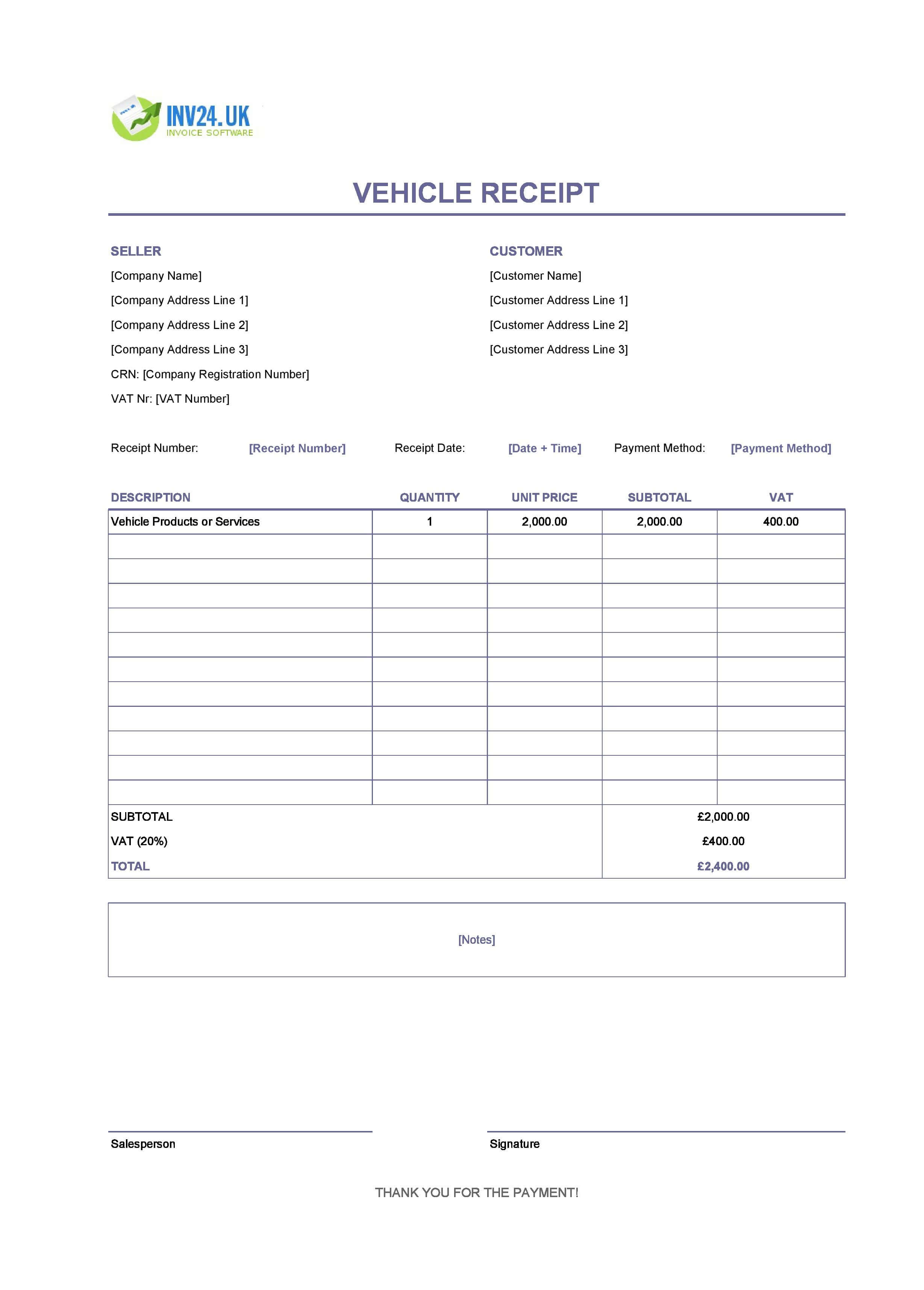 Vehicle Receipt Template for UK (Excel / Google Sheets)