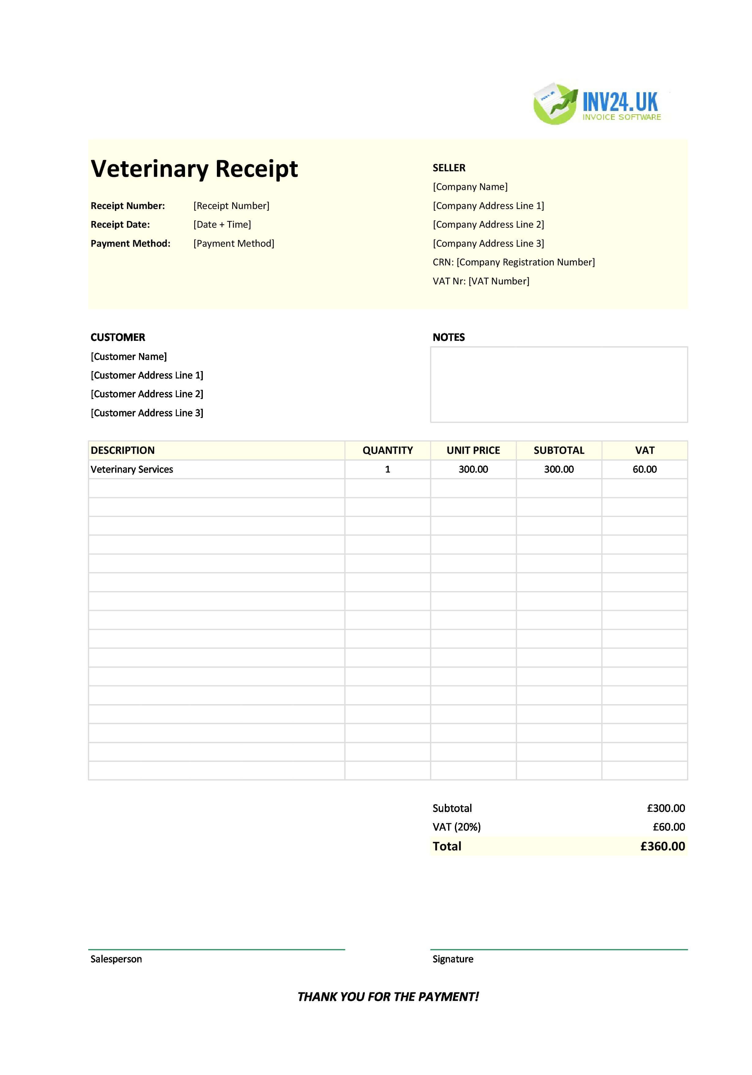 Veterinary Receipt Template for UK (Excel / Google Sheets)