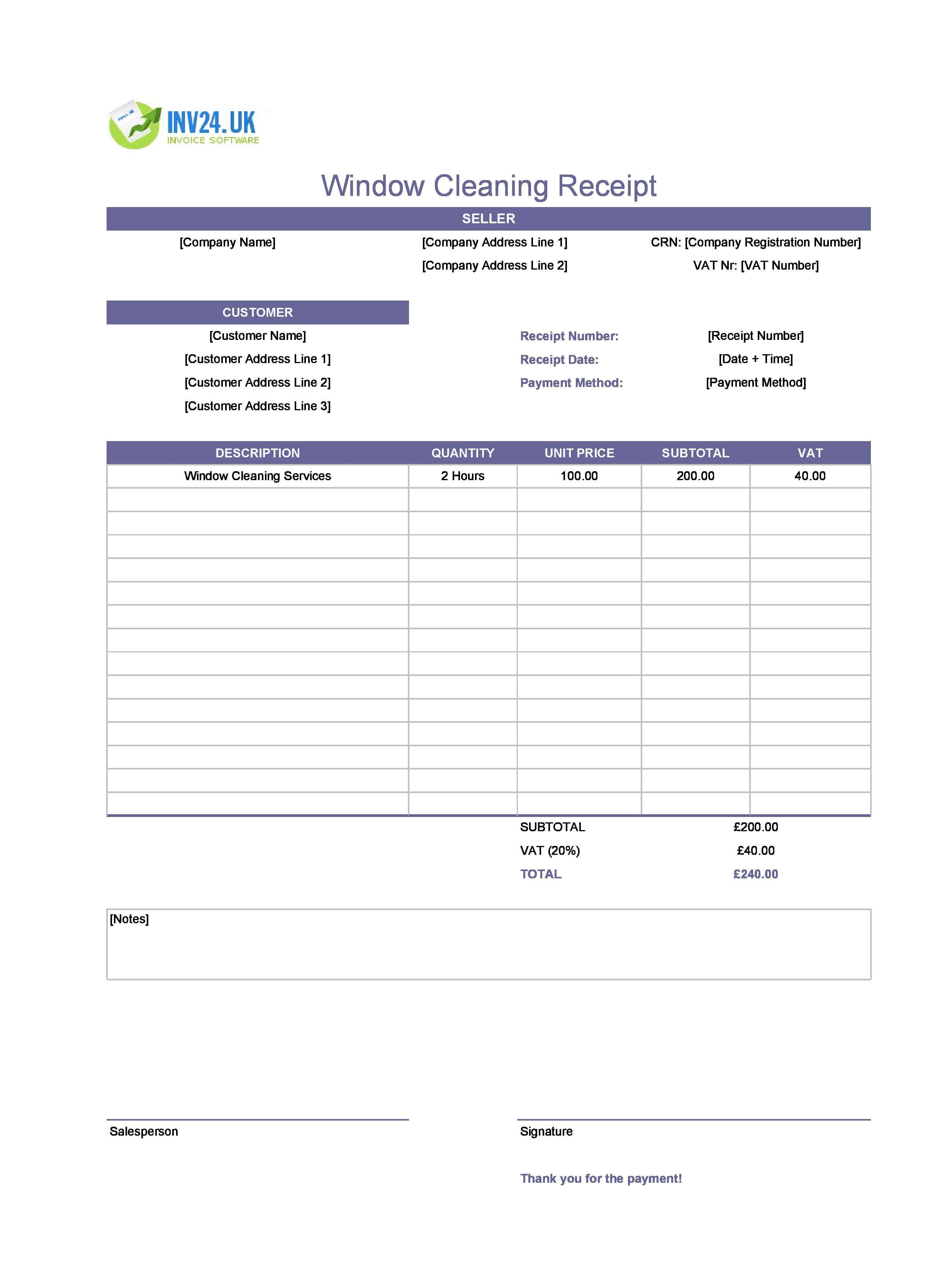 Window Cleaning Receipt Template for UK (Excel / Google Sheets)