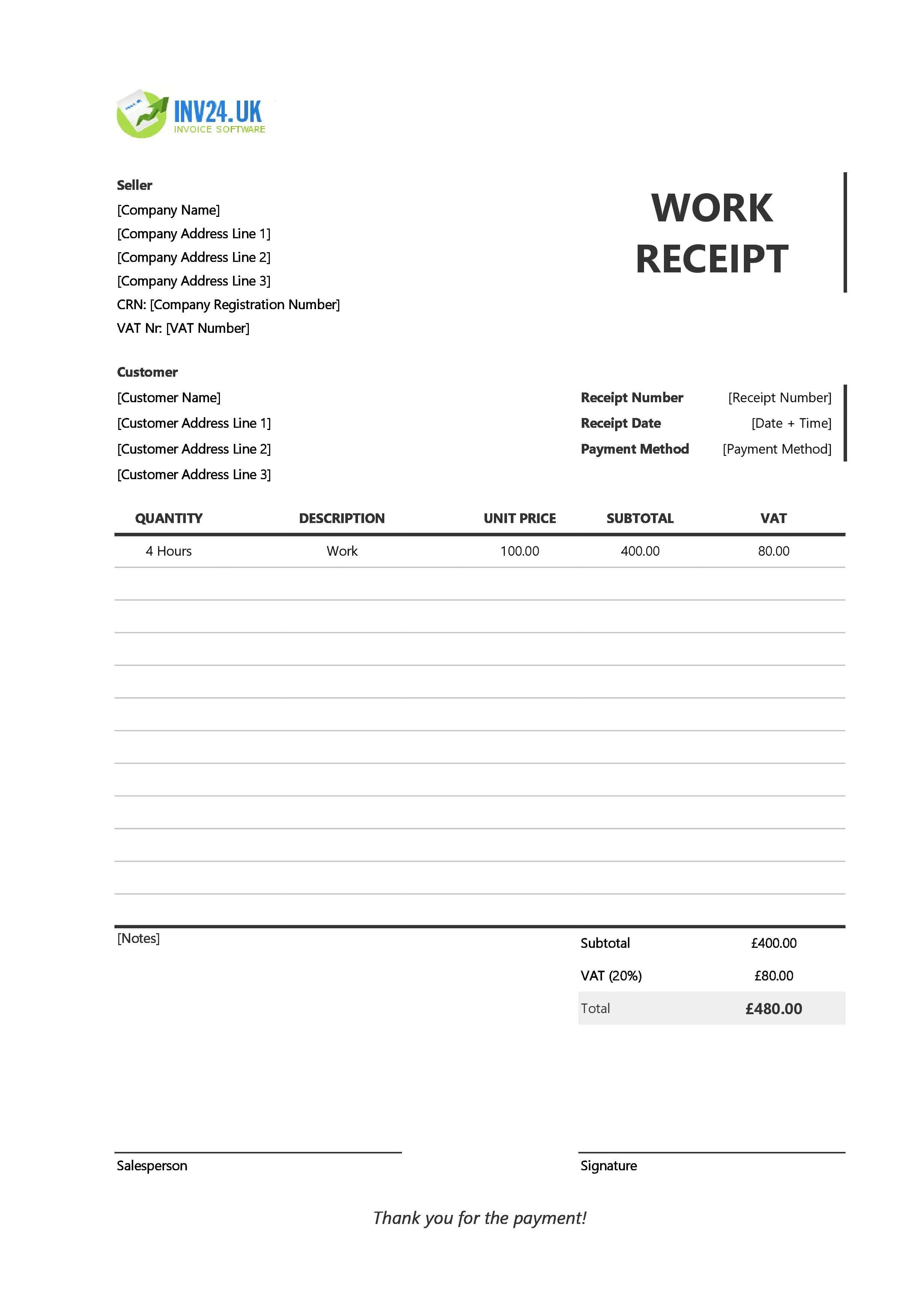 Work Receipt Template for UK (Excel / Google Sheets)
