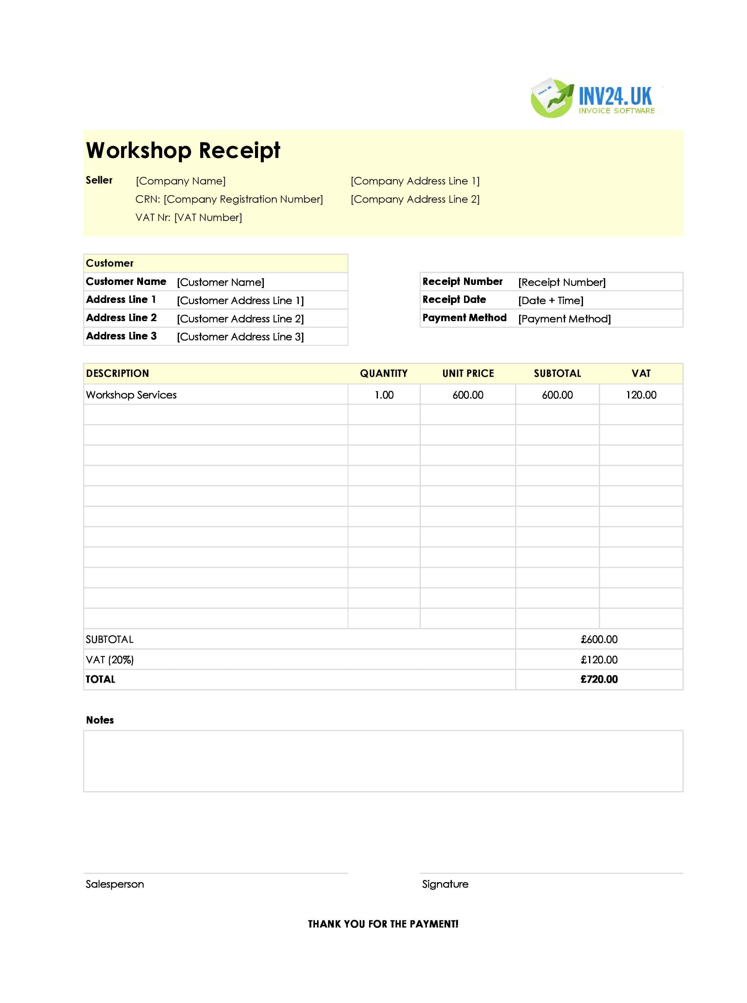 Workshop Receipt Template for UK (Excel / Google Sheets)