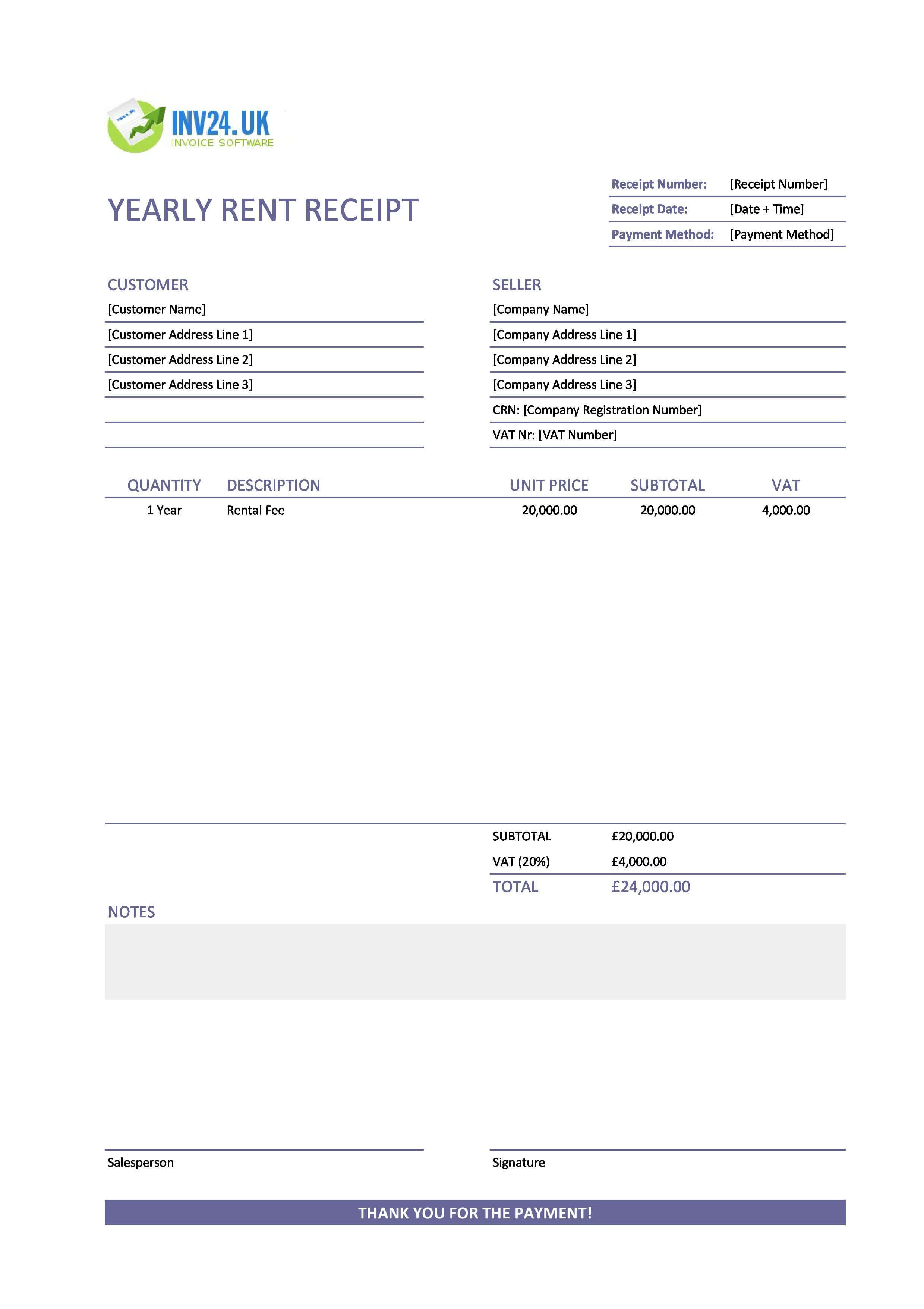Yearly Rent Receipt Template for UK (Excel / Google Sheets)
