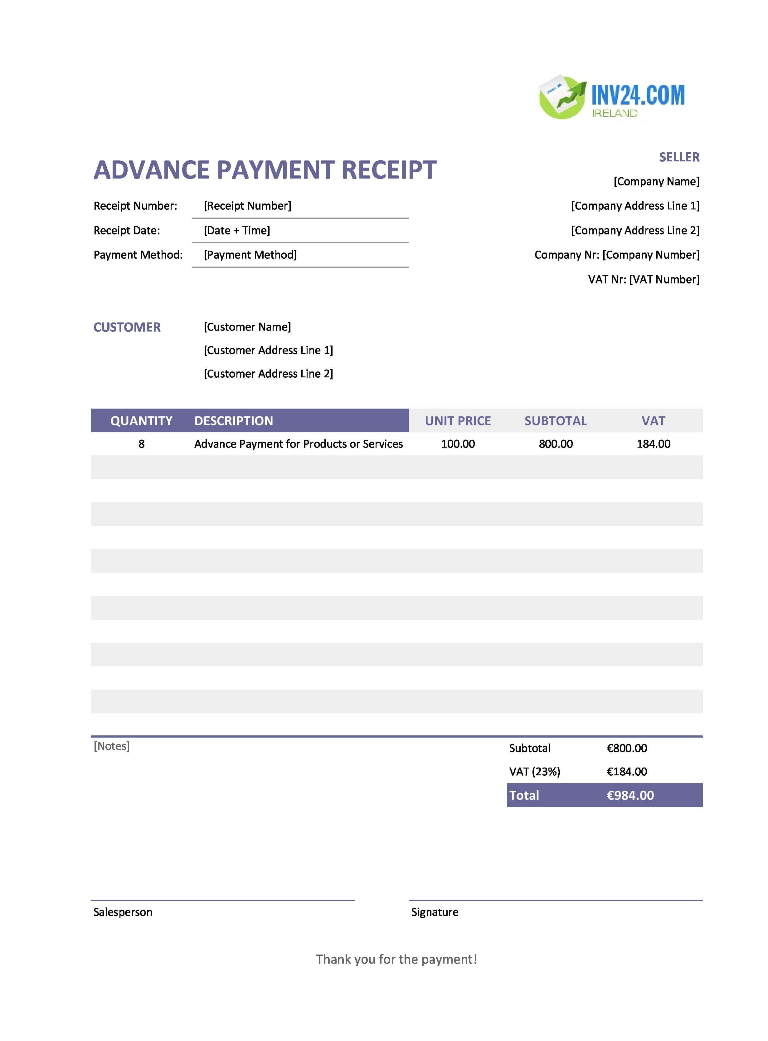 Advance Payment Receipt Template for Ireland (Excel / Google Sheets)