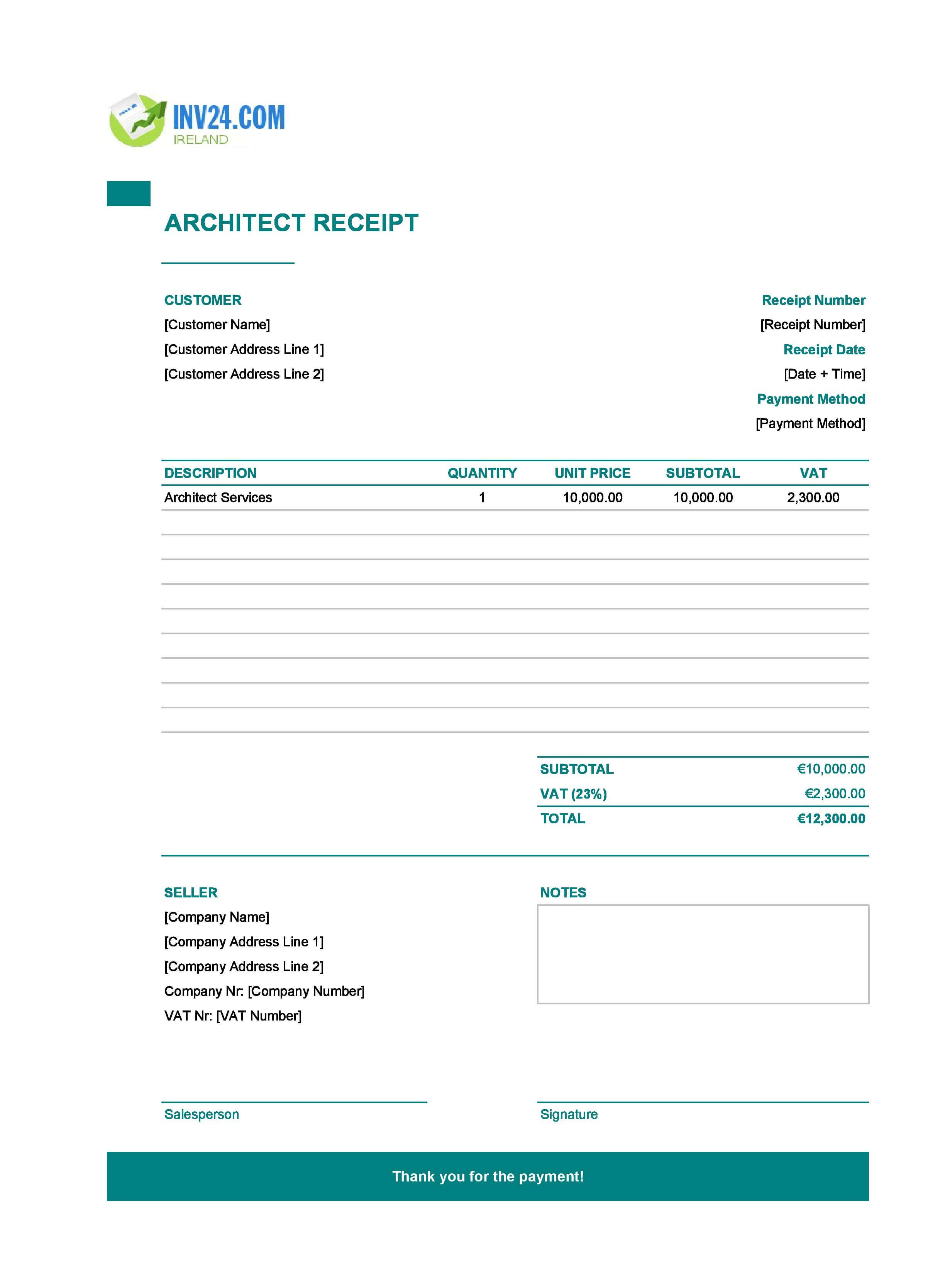 Architect Receipt Template for Ireland (Excel / Google Sheets)