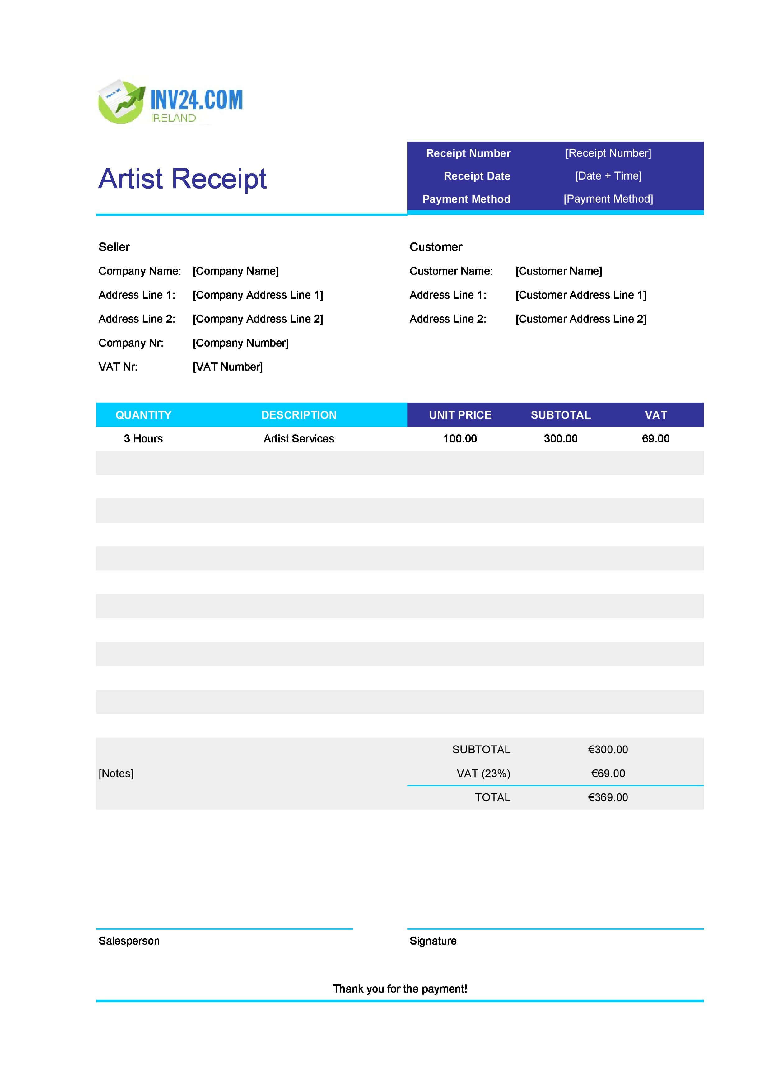 Artist Receipt Template for Ireland (Excel / Google Sheets)