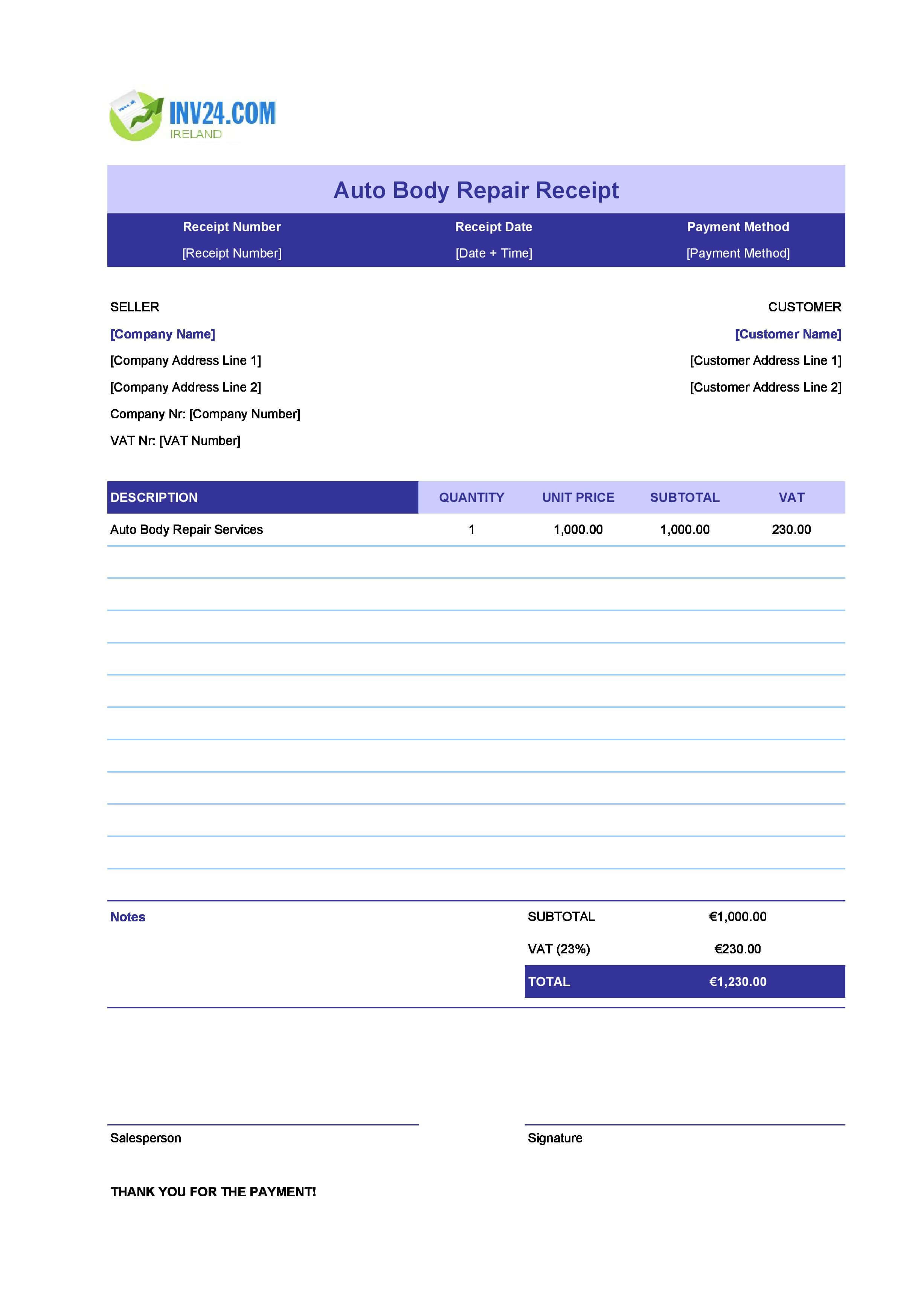 Auto Body Repair Receipt Template for Ireland (Excel / Google Sheets)