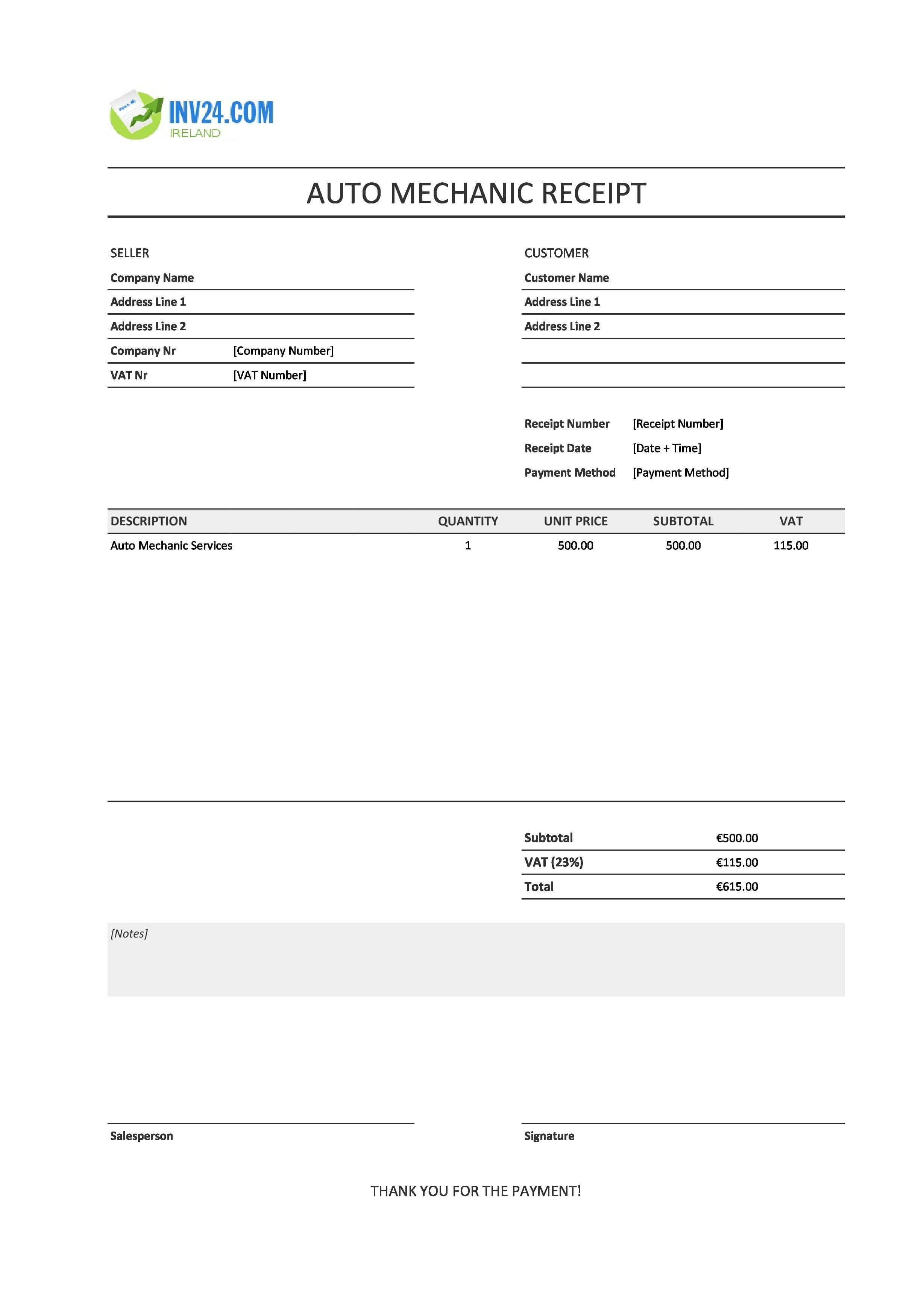 Auto Mechanic Receipt Template for Ireland (Excel / Google Sheets)
