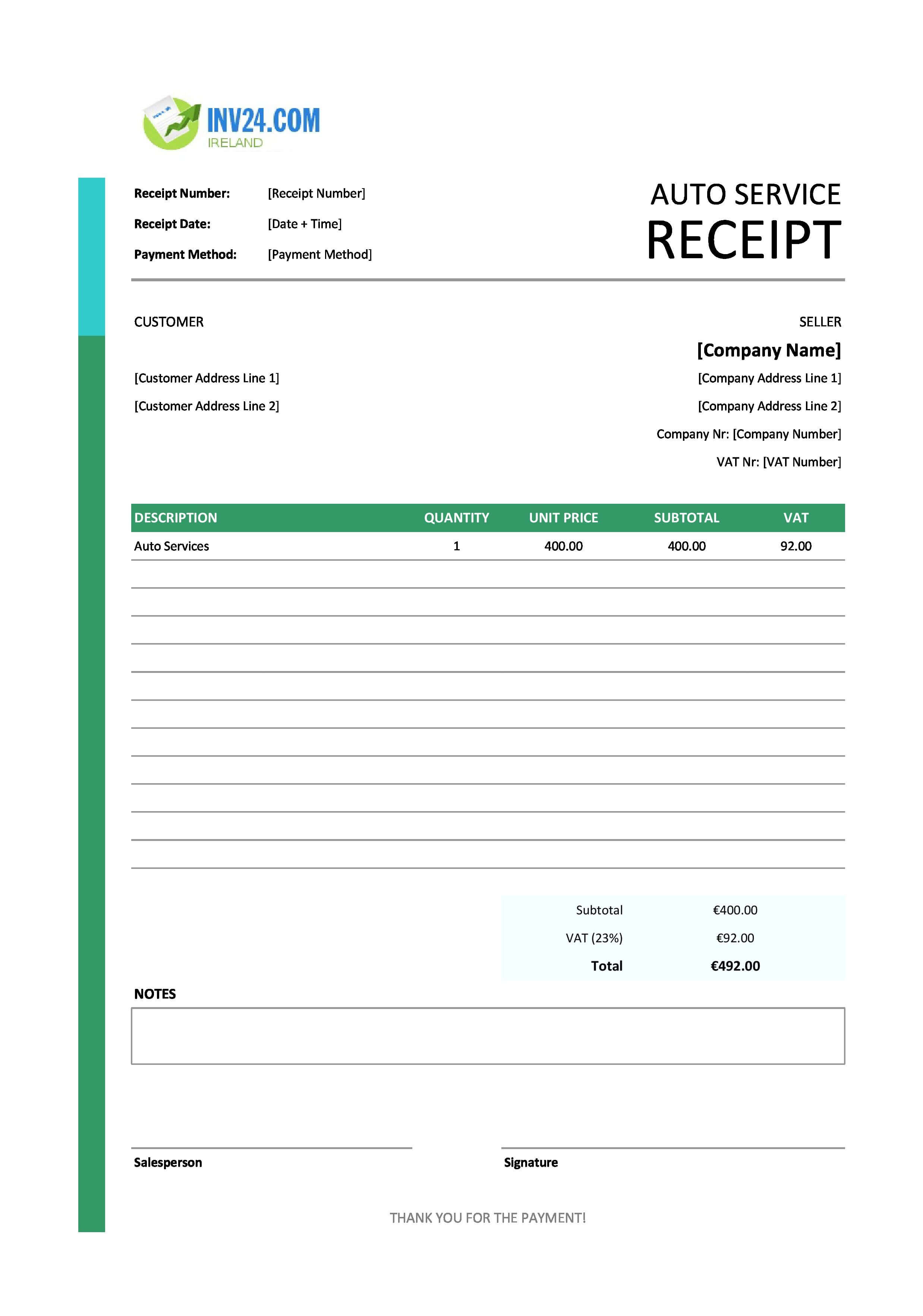 Auto Service Receipt Template for Ireland (Excel / Google Sheets)