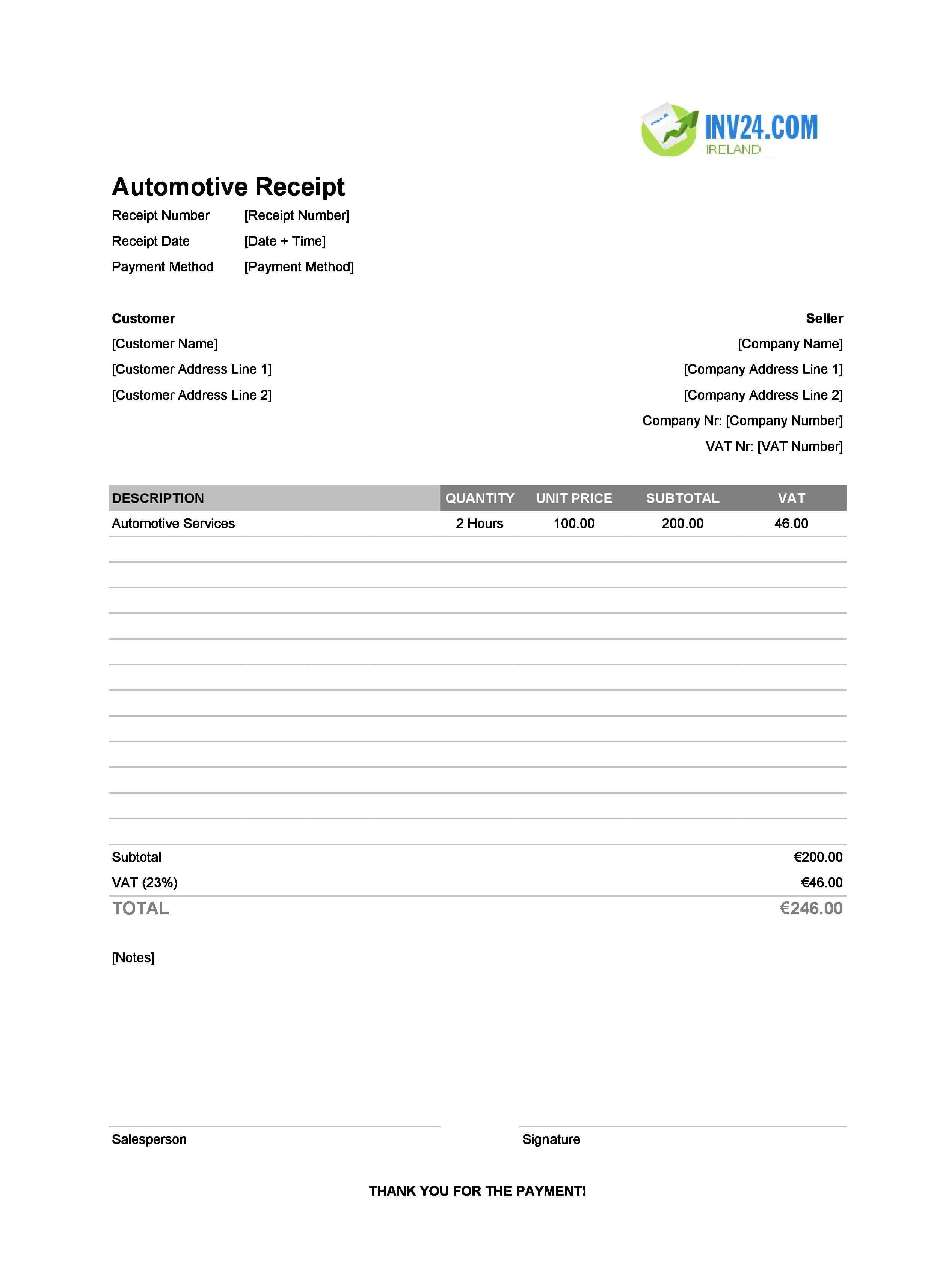 Automotive Receipt Template for Ireland (Excel / Google Sheets)