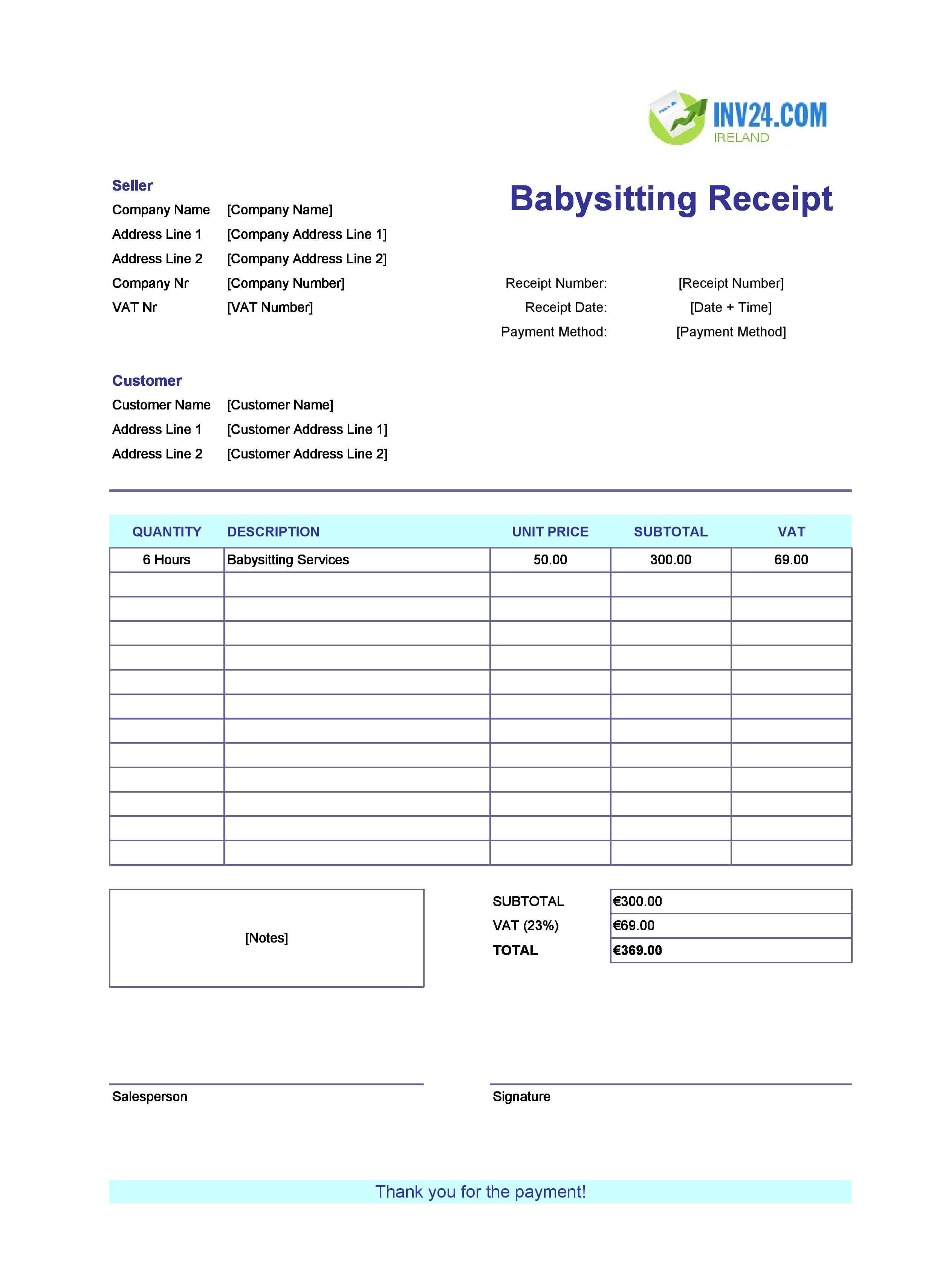 Babysitting Receipt Template for Ireland (Excel / Google Sheets)