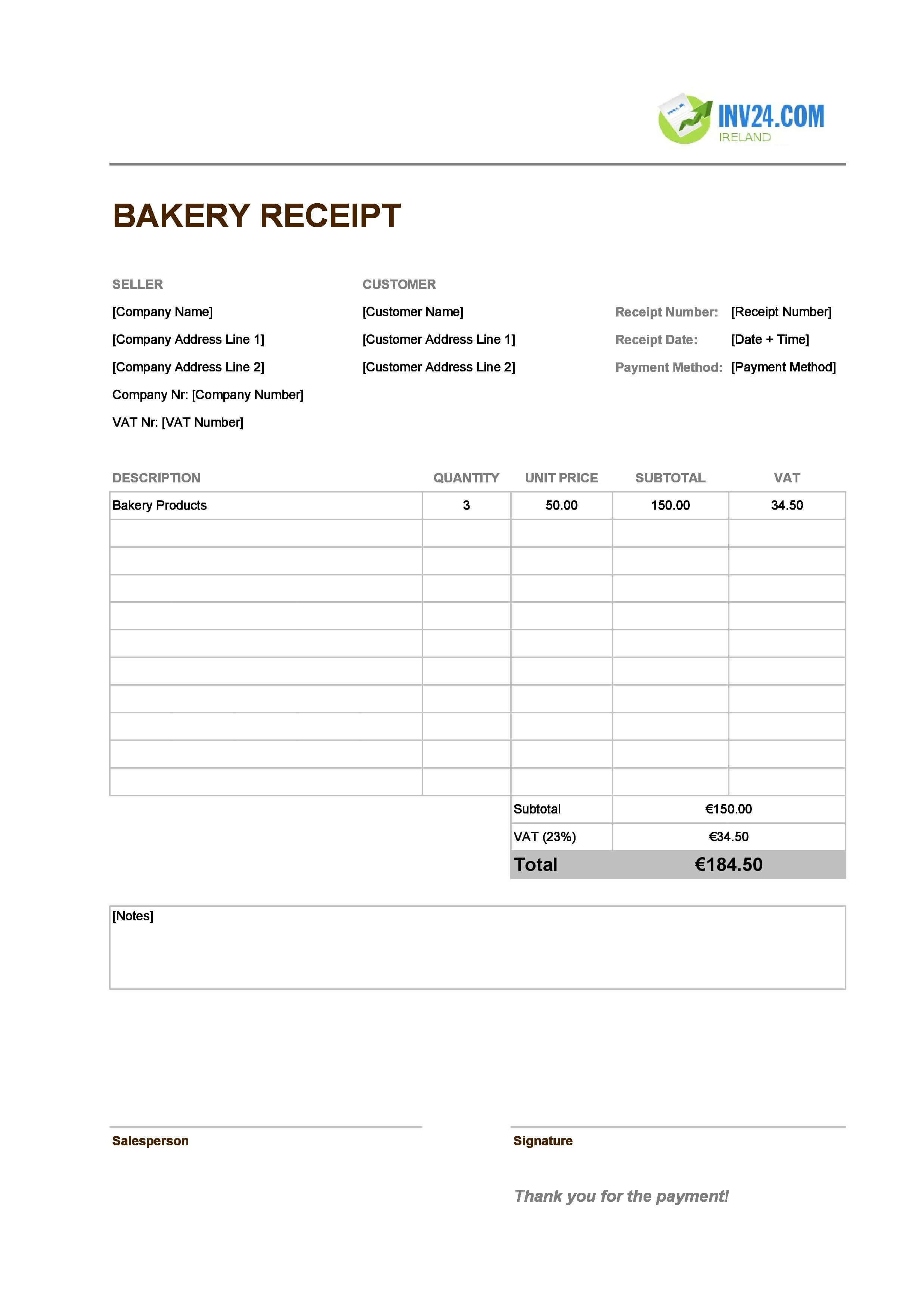 Bakery Receipt Template for Ireland (Excel / Google Sheets)