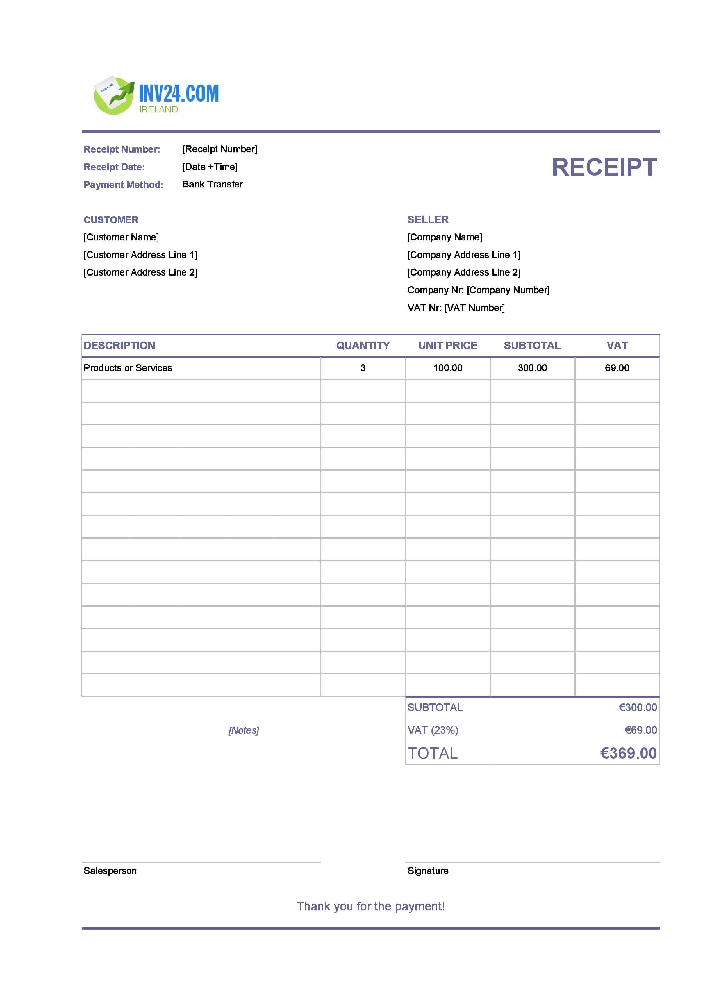 Bank Transfer Receipt Template for Ireland (Excel / Google Sheets)