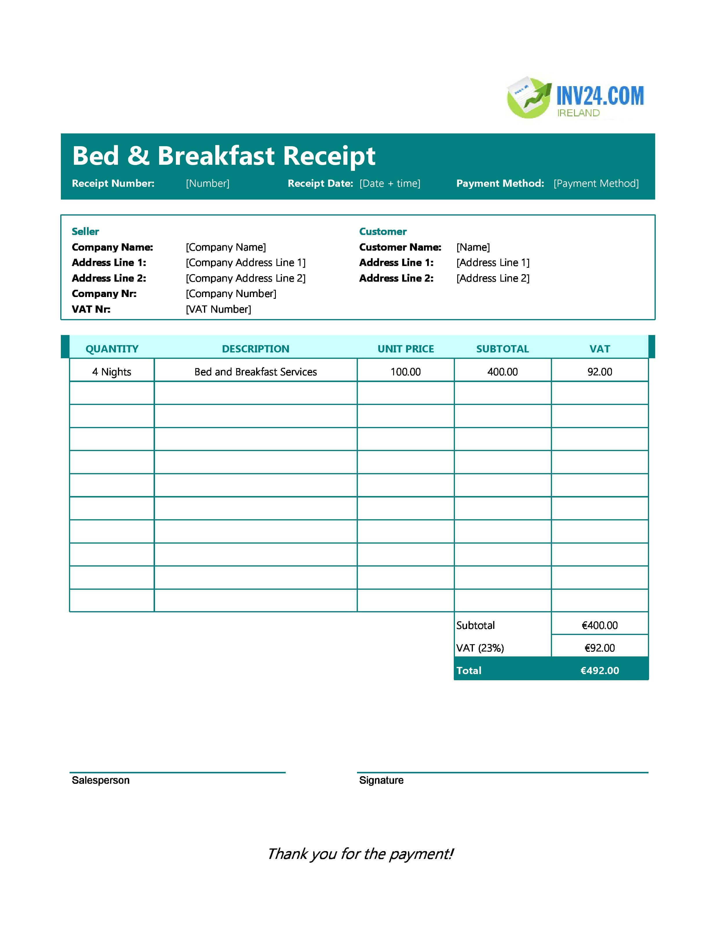 Bed And Breakfast Receipt Template for Ireland (Excel / Google Sheets)