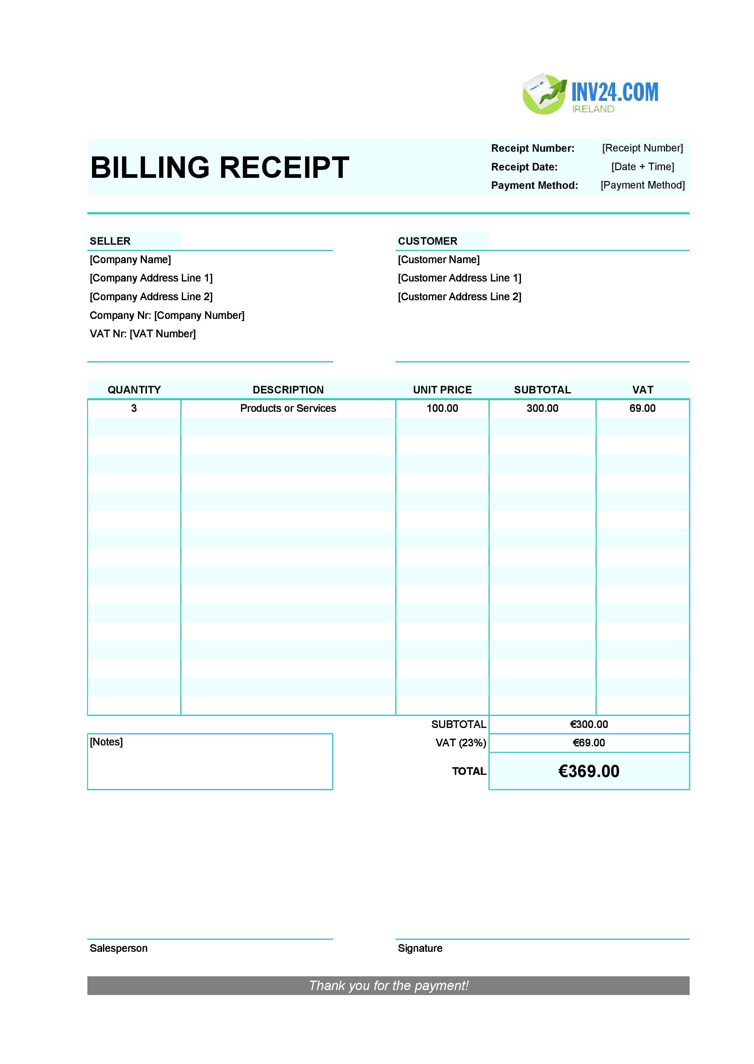Billing Receipt Template for Ireland (Excel / Google Sheets)