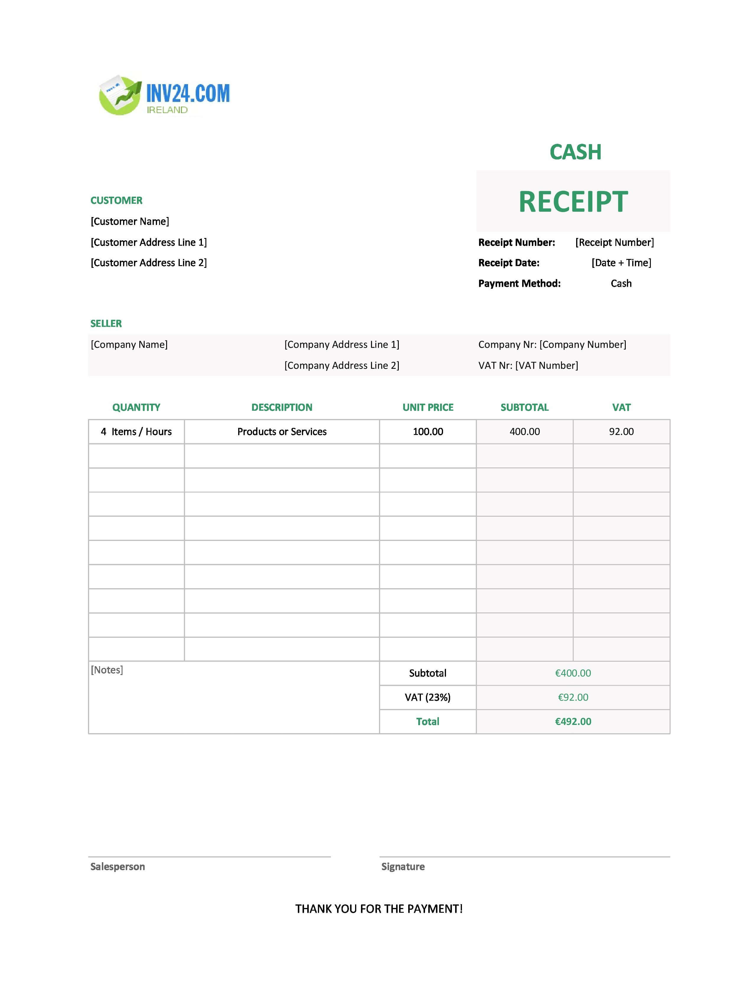 Blank Cash Receipt Template for Ireland (Excel / Google Sheets)