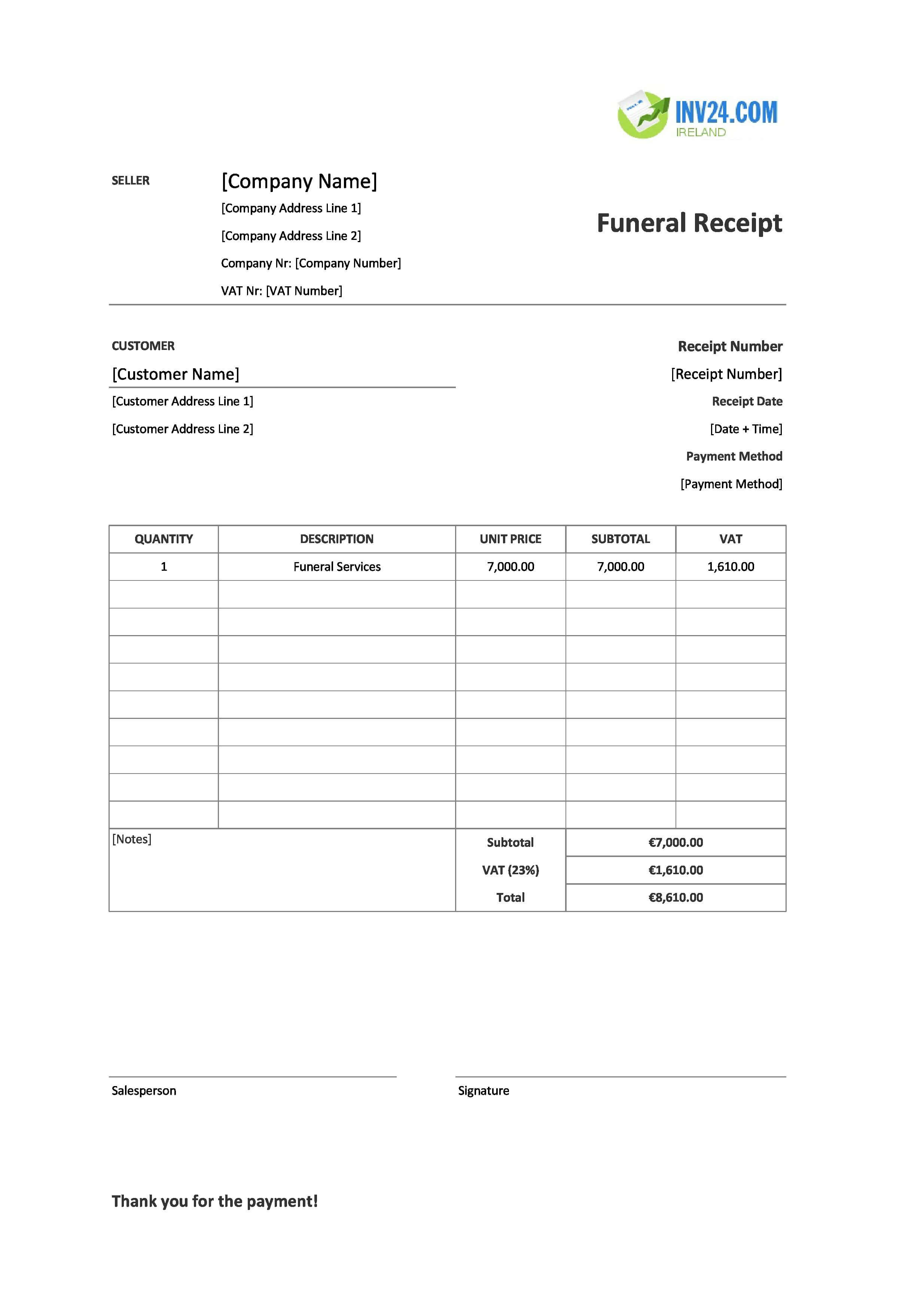 Blank Funeral Receipt Template for Ireland (Excel / Google Sheets)