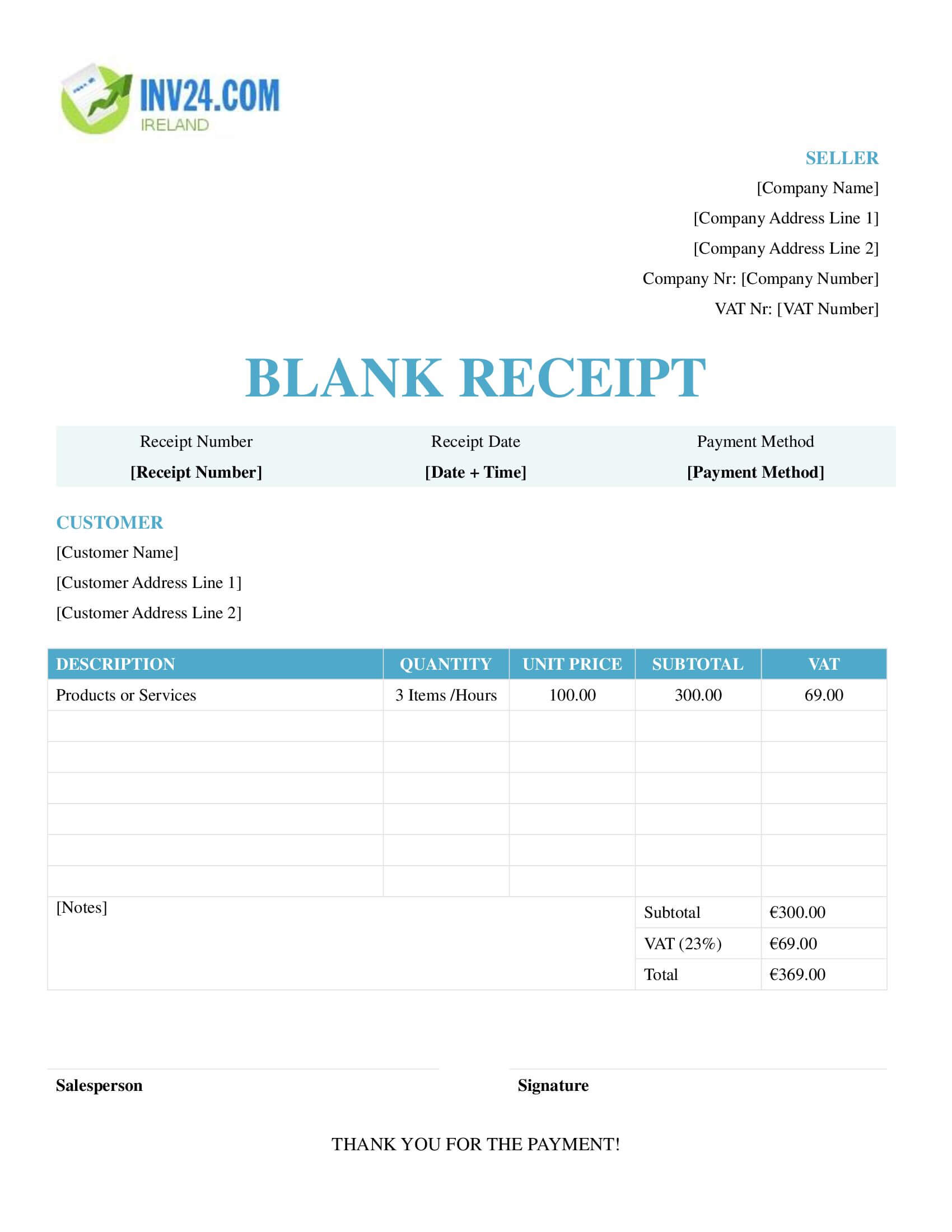Blank Receipt Template for Ireland (Word / Google Docs)