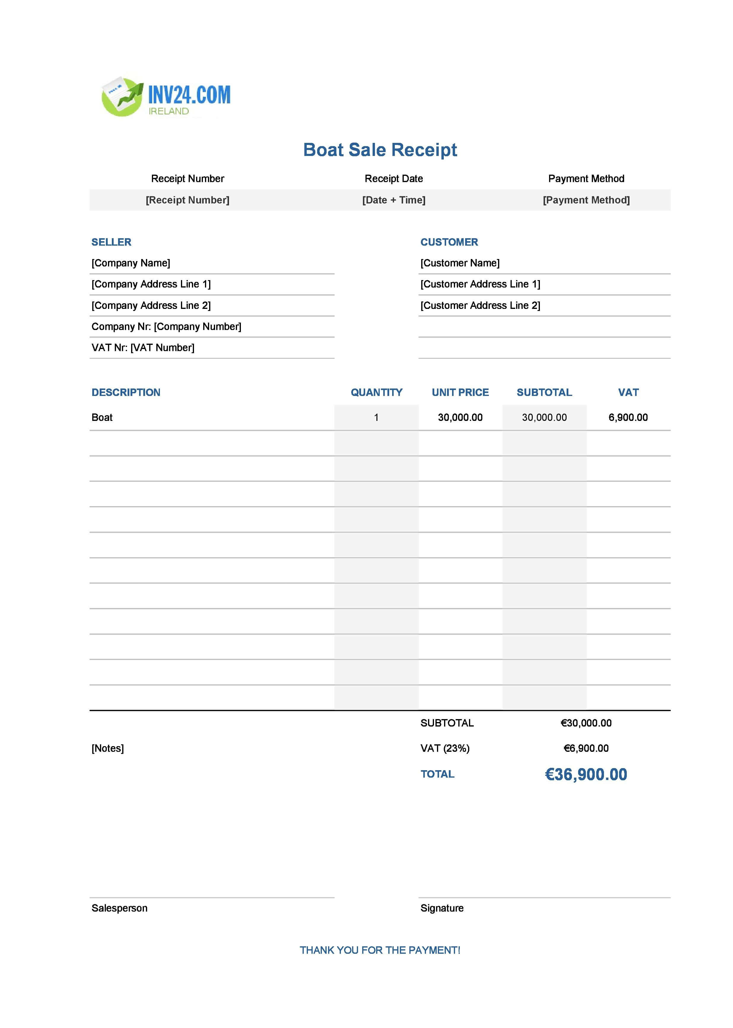 Boat Sale Receipt Template for Ireland (Excel / Google Sheets)