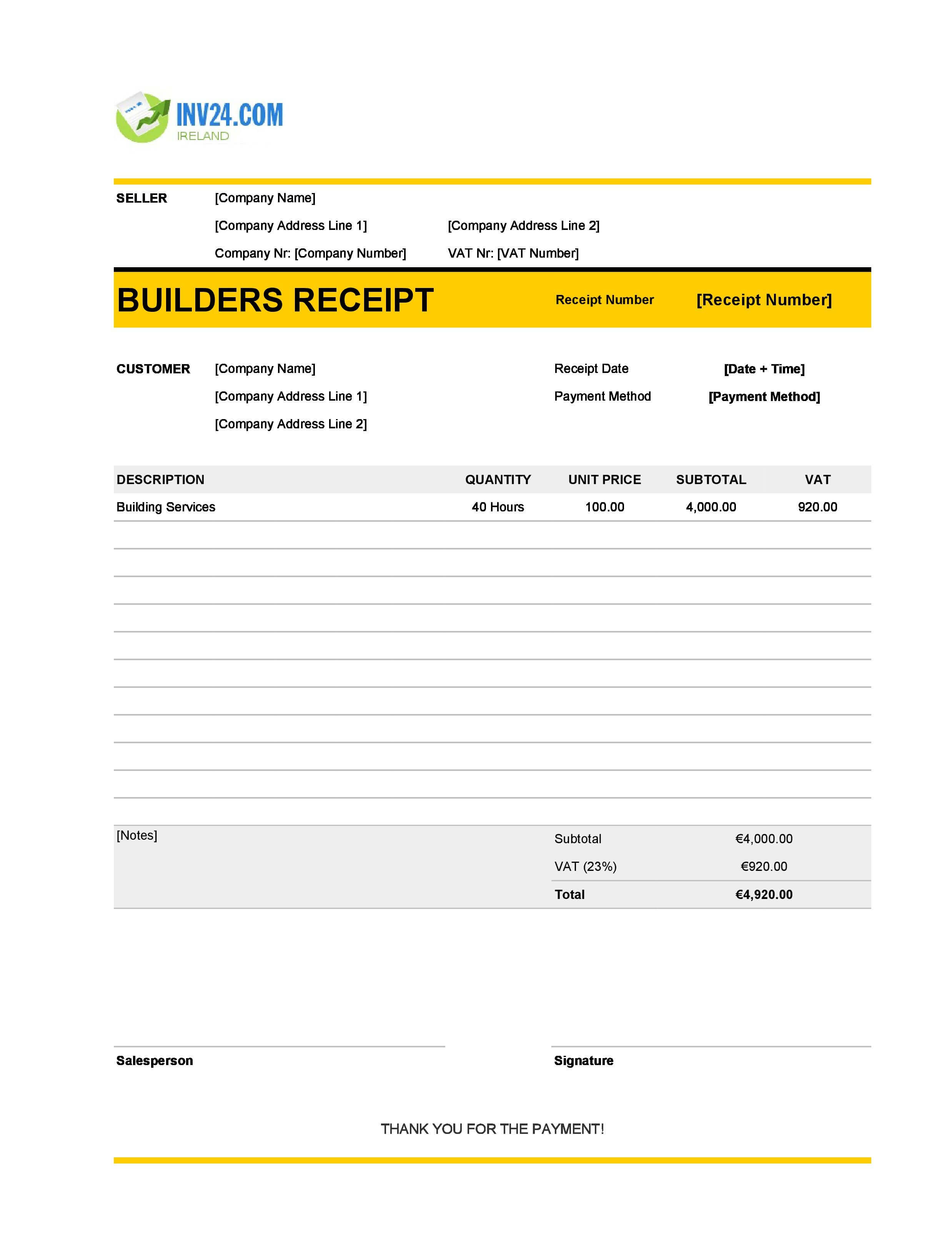 Builders Receipt Template for Ireland (Excel / Google Sheets)