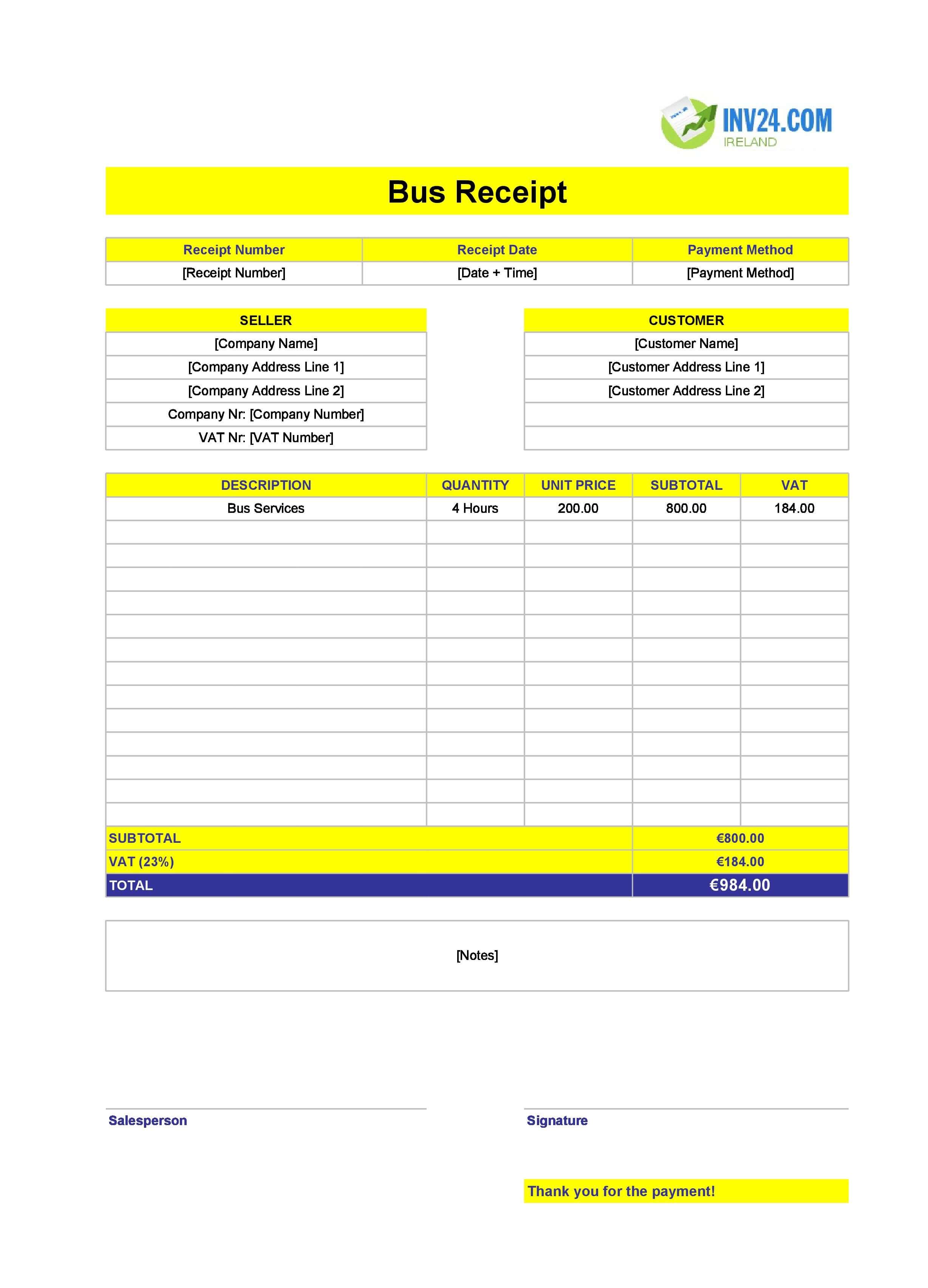 Bus Receipt Template for Ireland (Excel / Google Sheets)