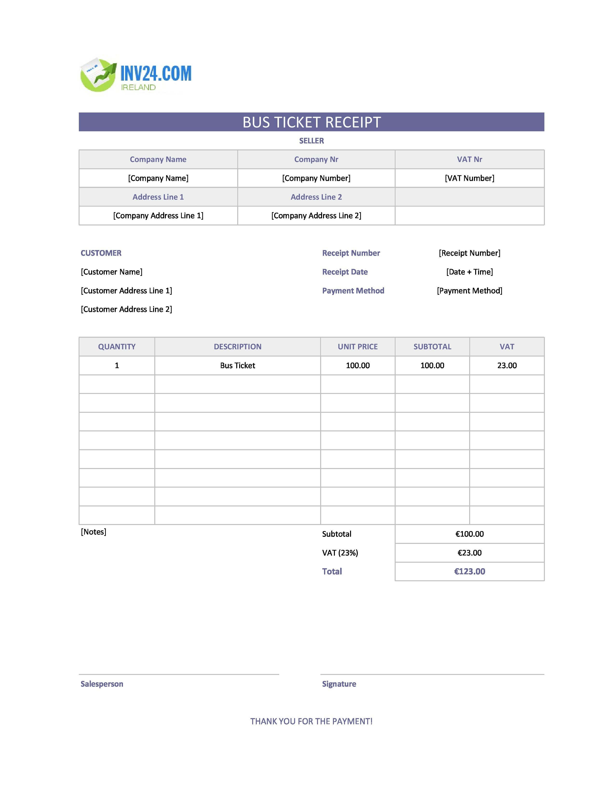 Bus Ticket Receipt Template for Ireland (Excel / Google Sheets)
