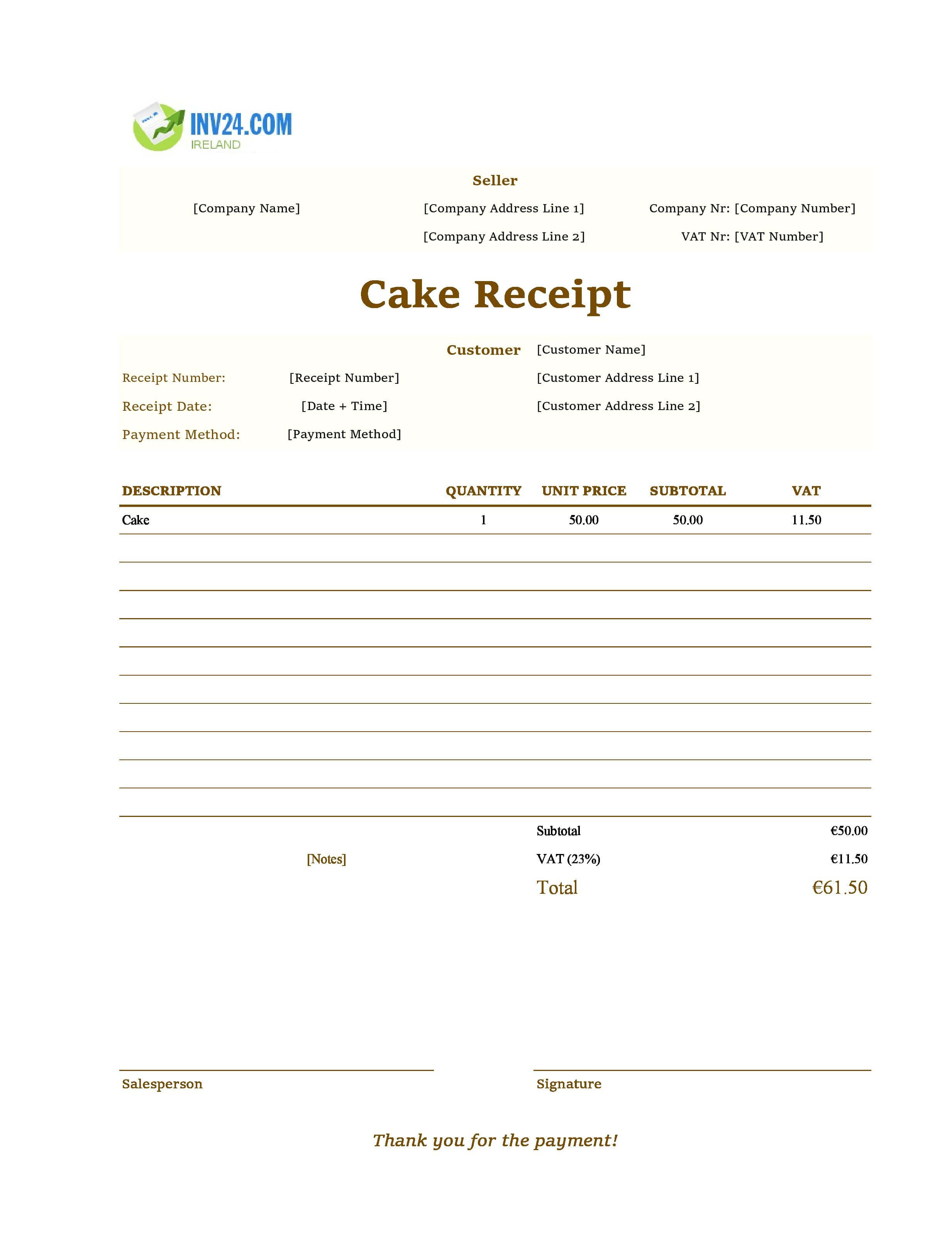 Cake Receipt Template for Ireland (Excel / Google Sheets)