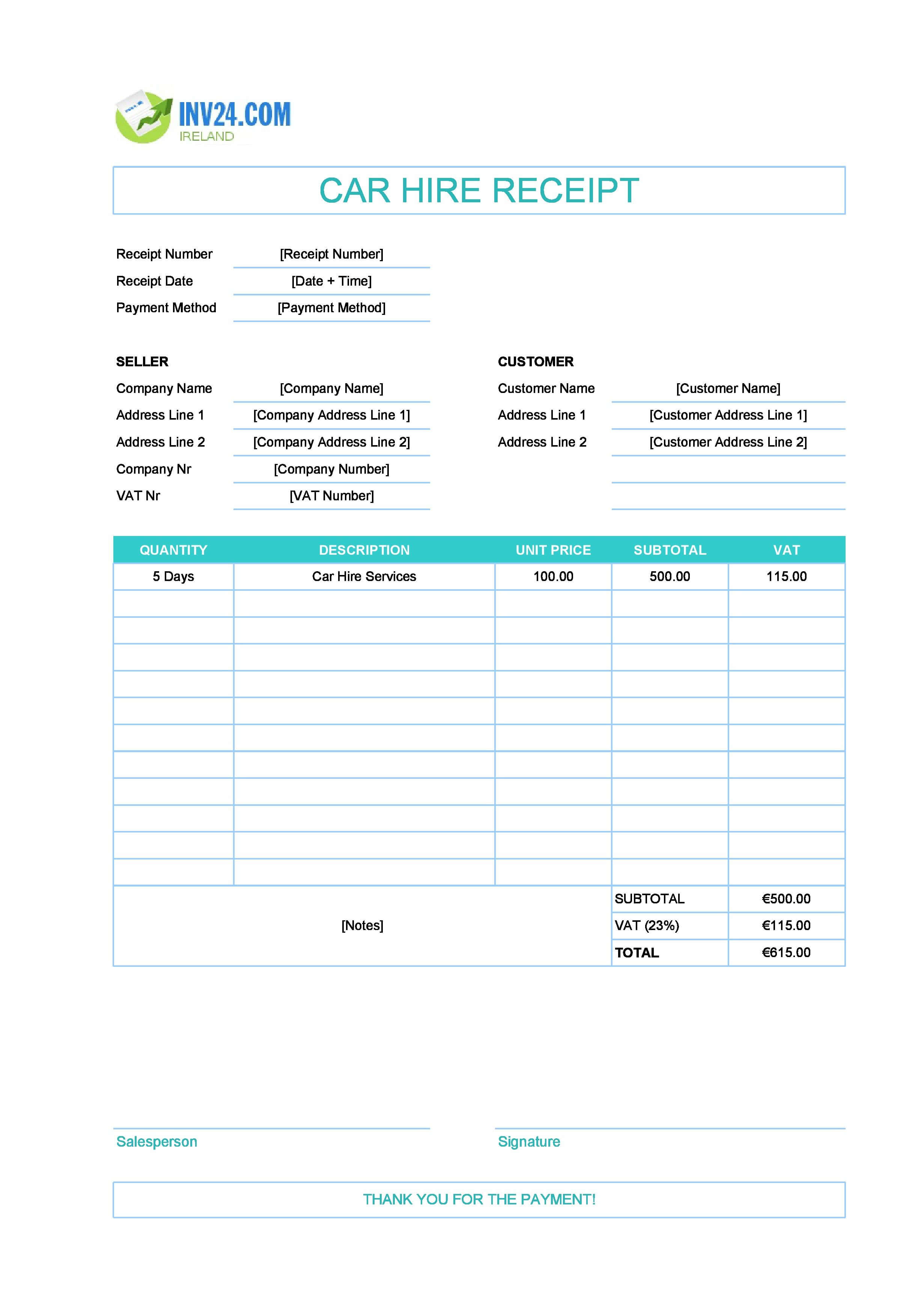 Car Hire Receipt Template for Ireland (Excel / Google Sheets)
