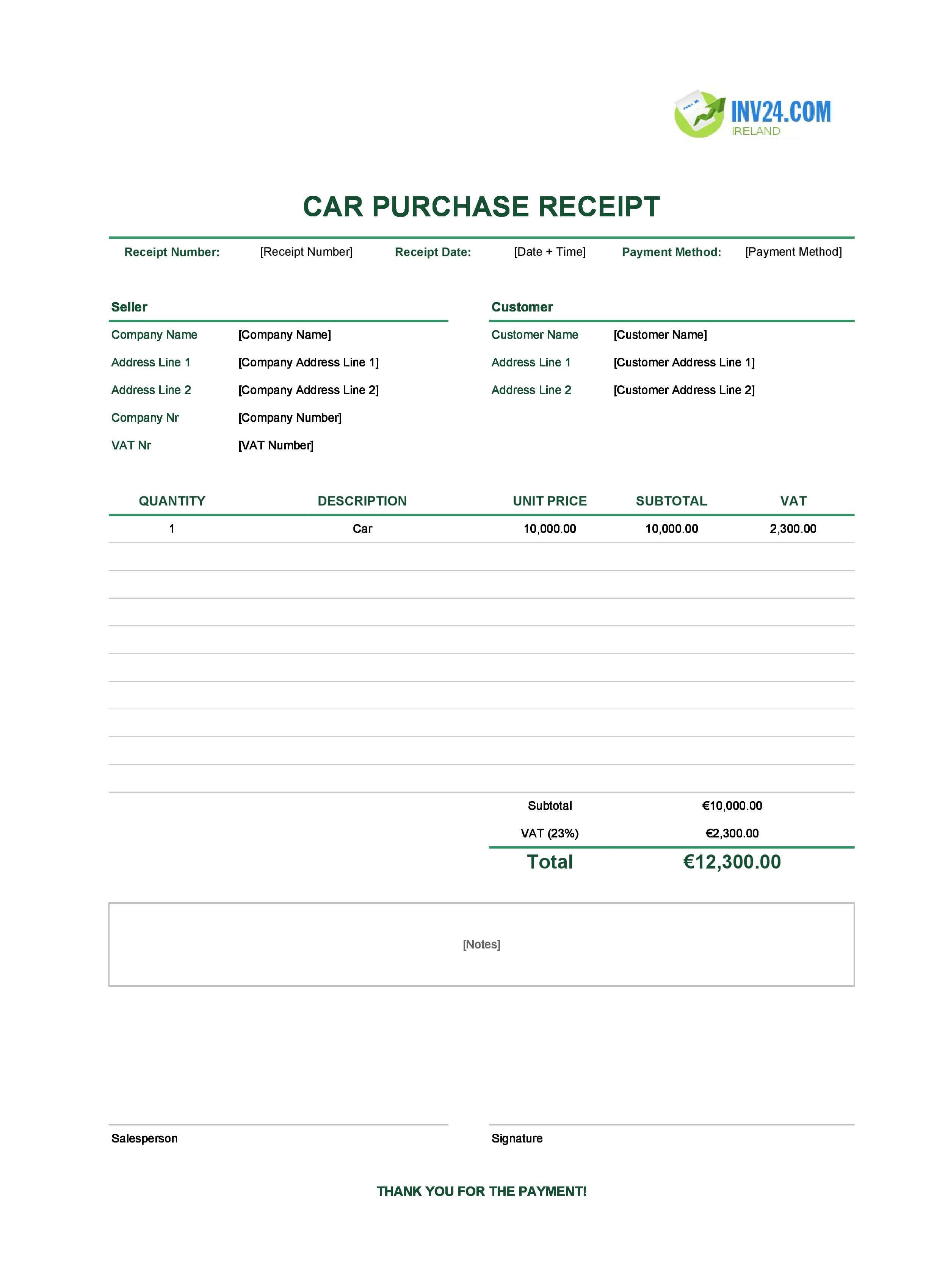 Car Purchase Receipt Template for Ireland (Excel / Google Sheets)