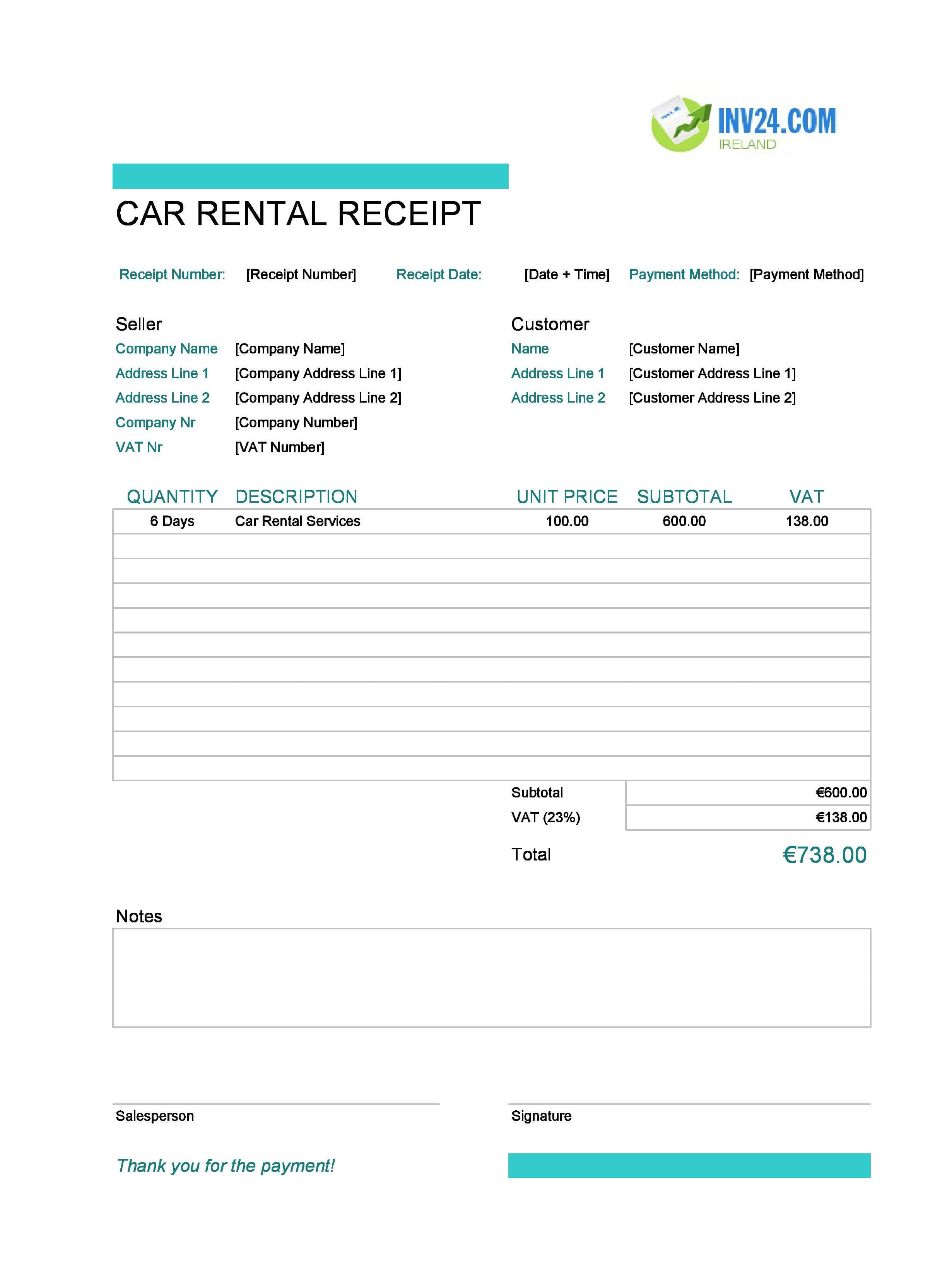 Car Rental Receipt Template for Ireland (Excel / Google Sheets)