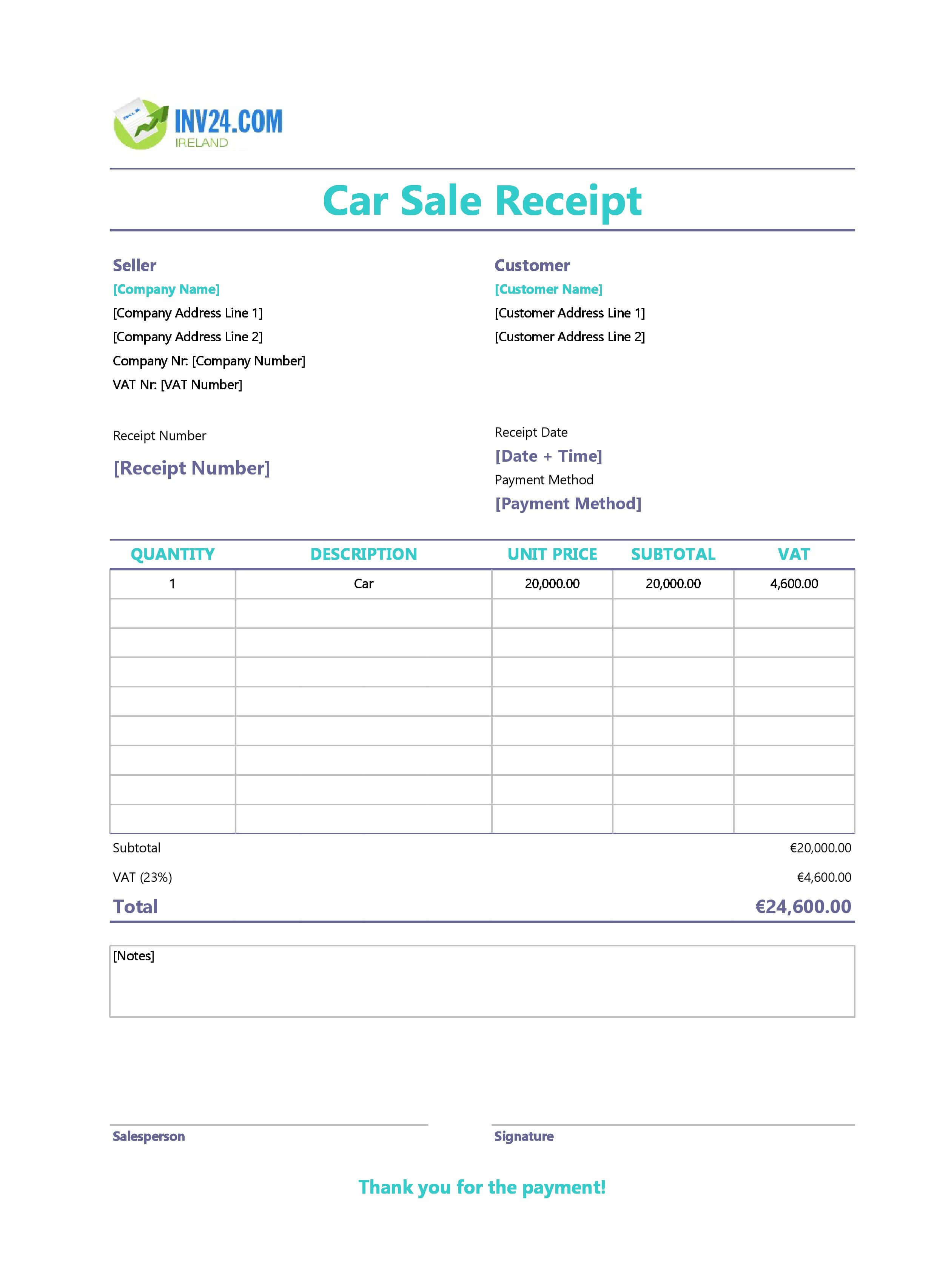 Car Sale Receipt Template for Ireland (Excel / Google Sheets)