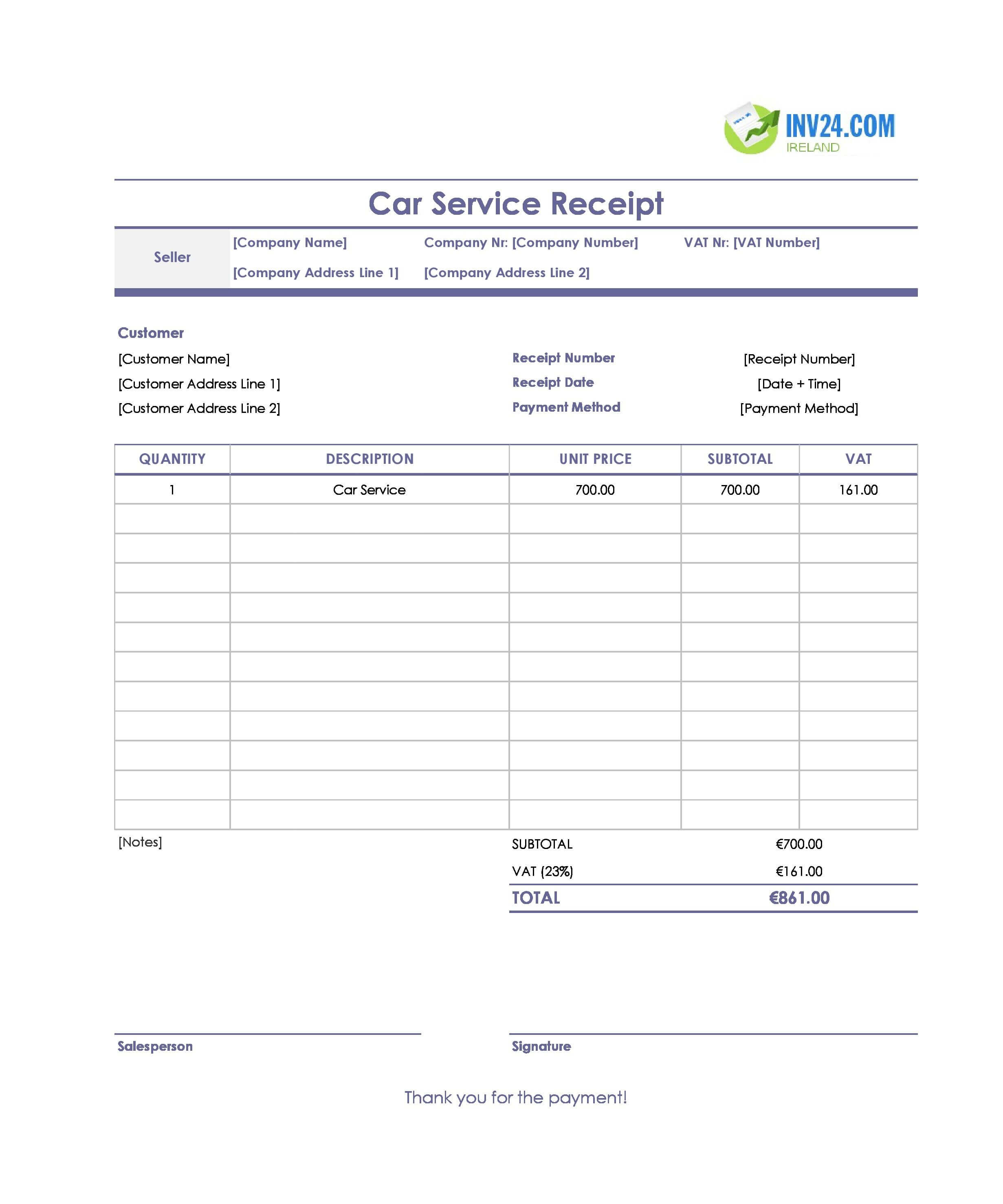 Car Service Receipt Template for Ireland (Excel / Google Sheets)