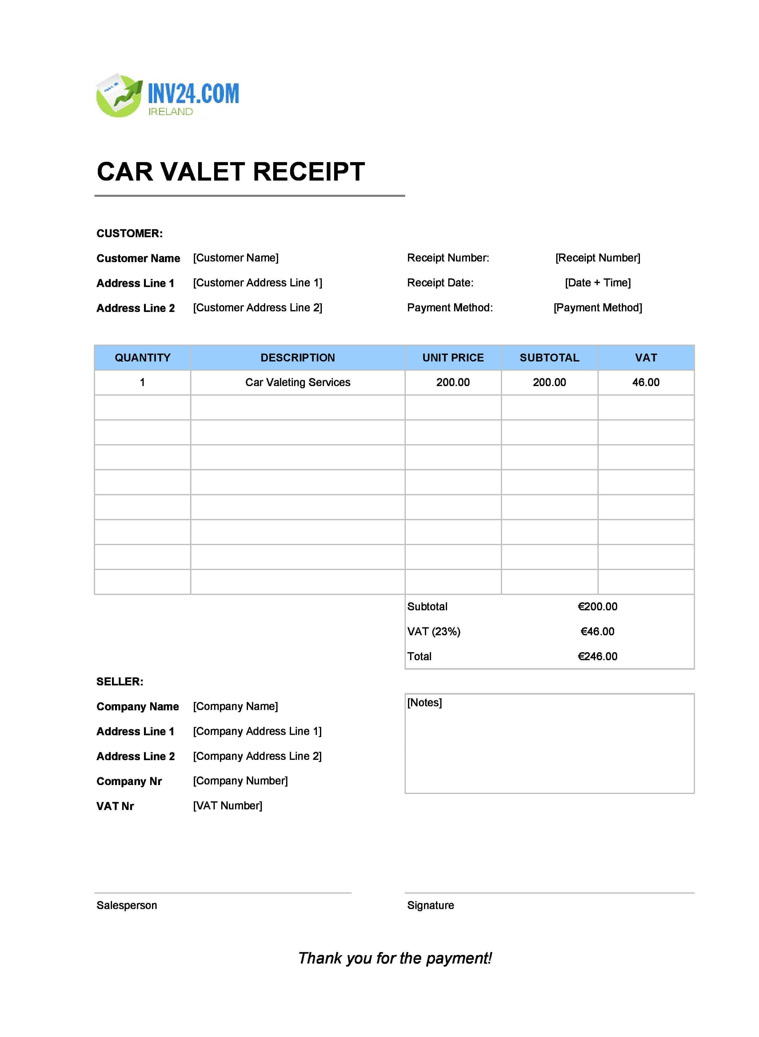Car Valet Receipt Template for Ireland (Excel / Google Sheets)