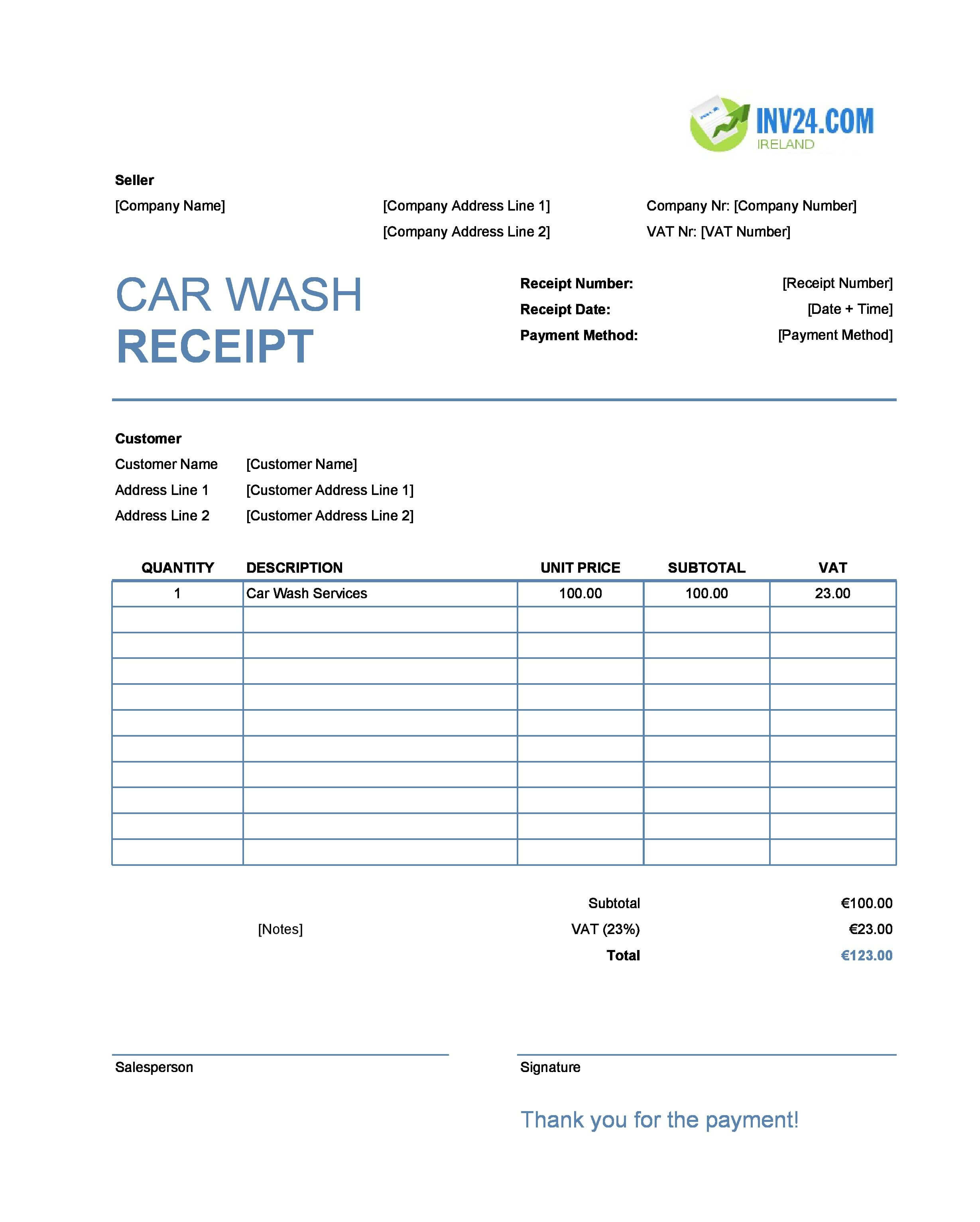 Car Wash Receipt Template for Ireland (Excel / Google Sheets)
