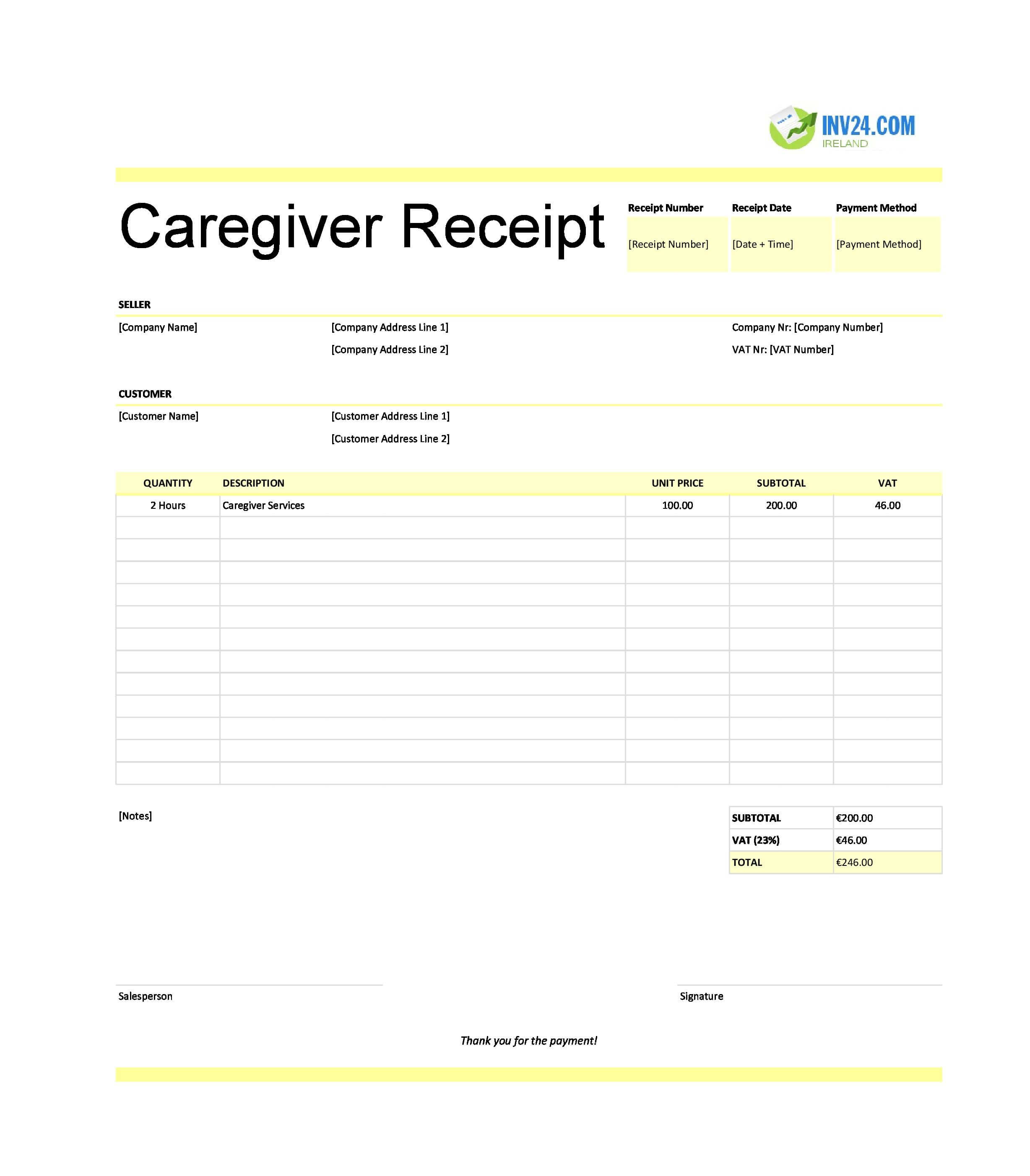 Caregiver Receipt Template for Ireland (Excel / Google Sheets)