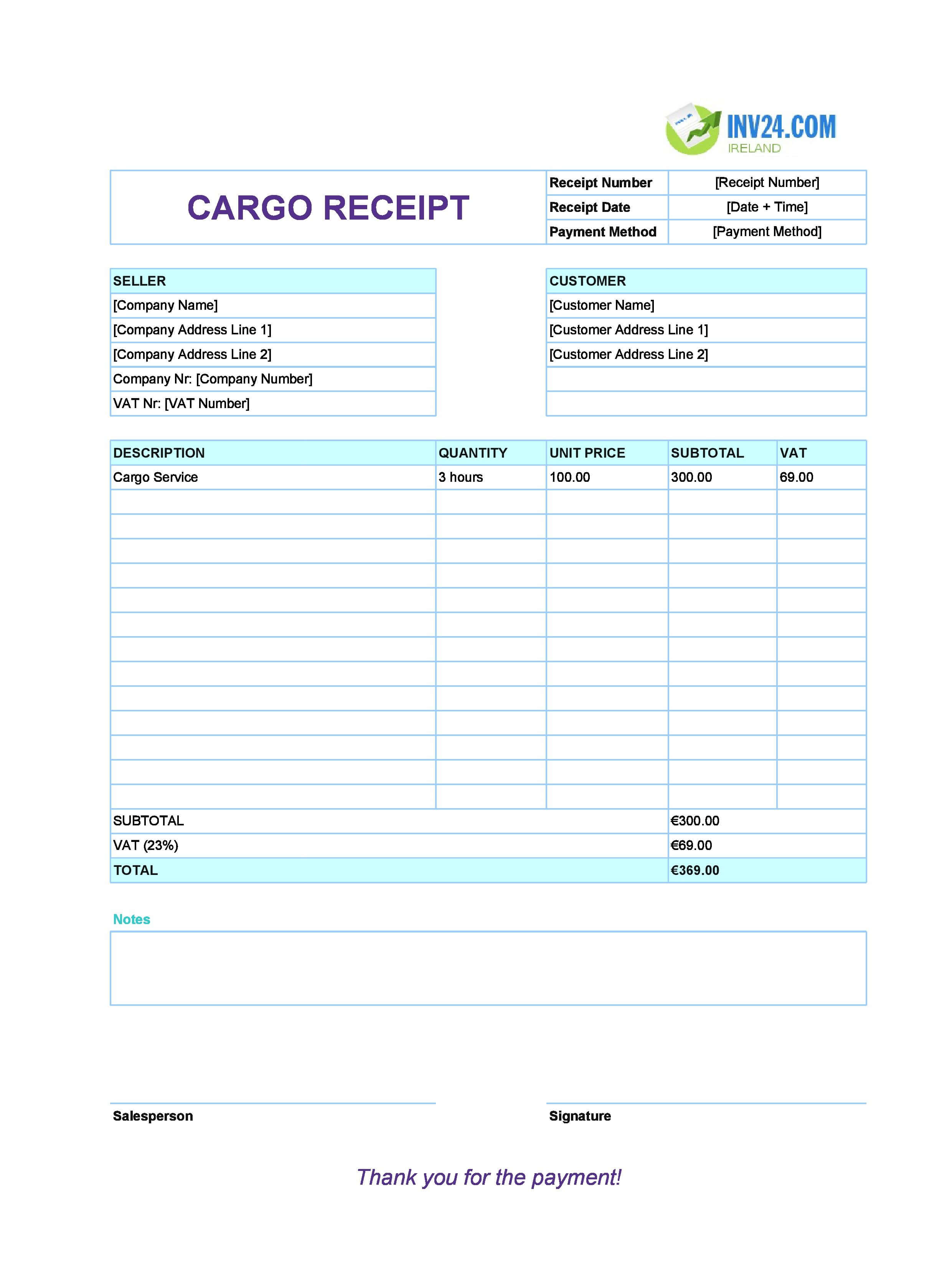 Cargo Receipt Template for Ireland (Excel / Google Sheets)