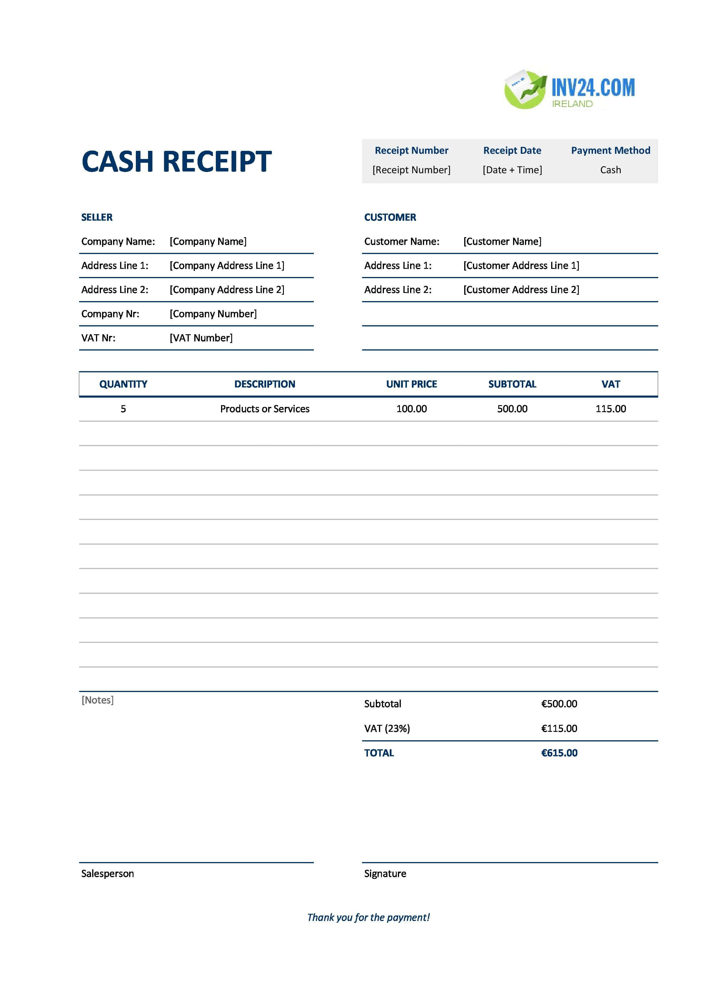 Cash Receipt Template for Ireland (Excel / Google Sheets)