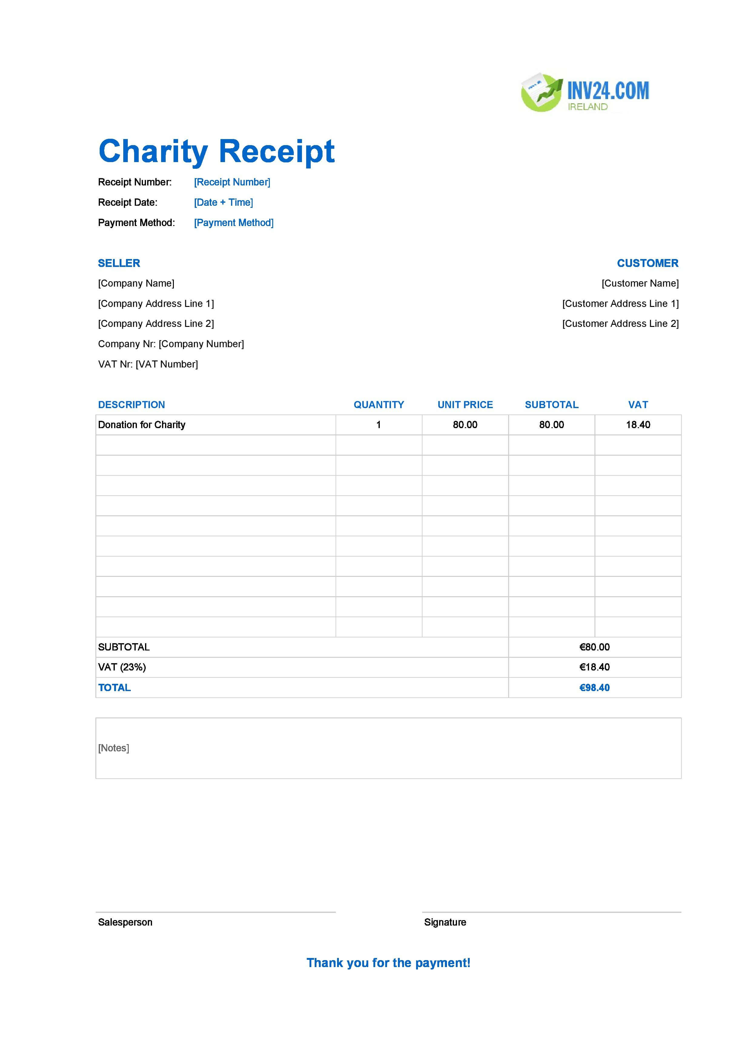 Charity Receipt Template for Ireland (Excel / Google Sheets)