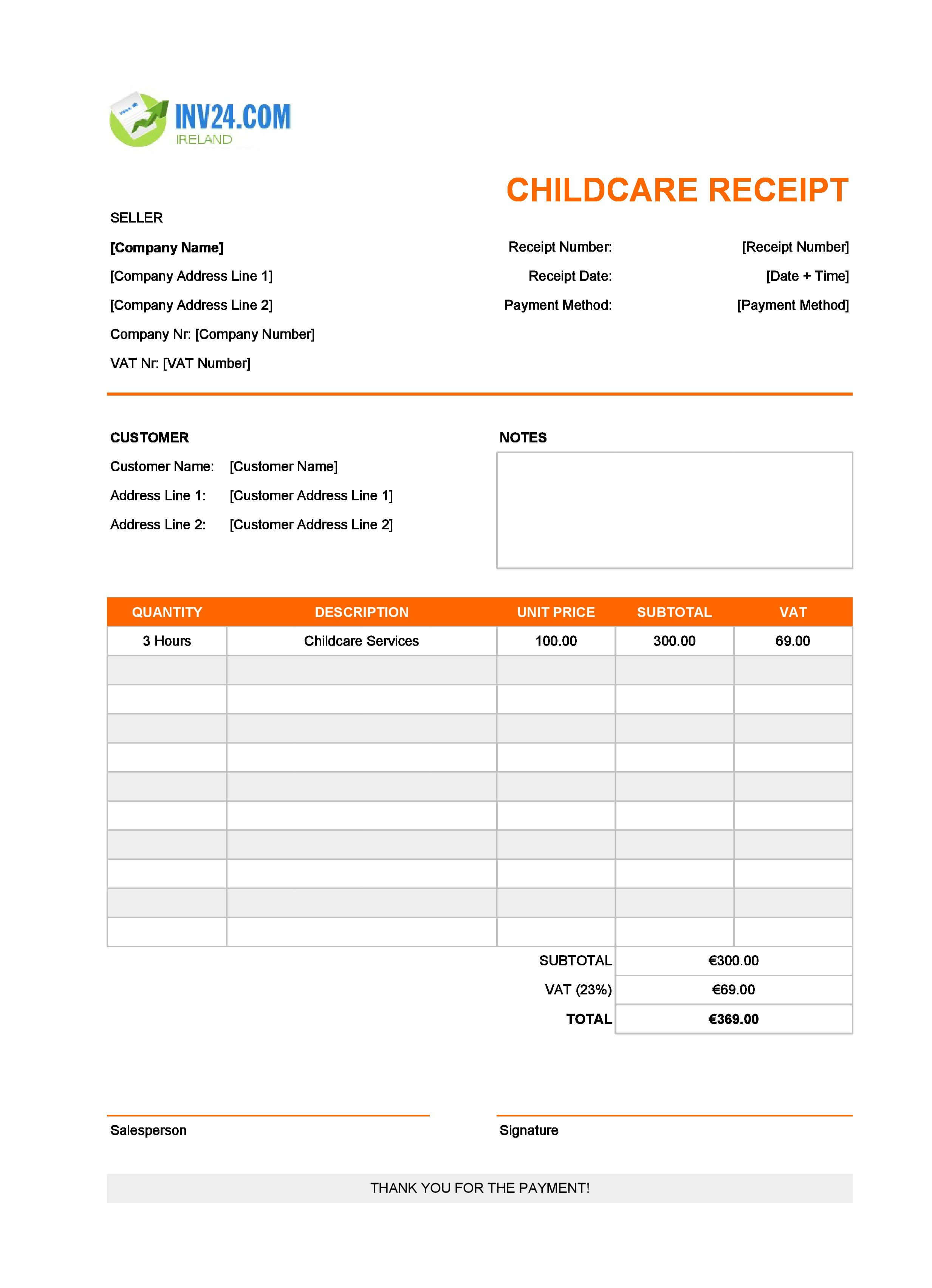 Childcare Receipt Template for Ireland (Excel / Google Sheets)