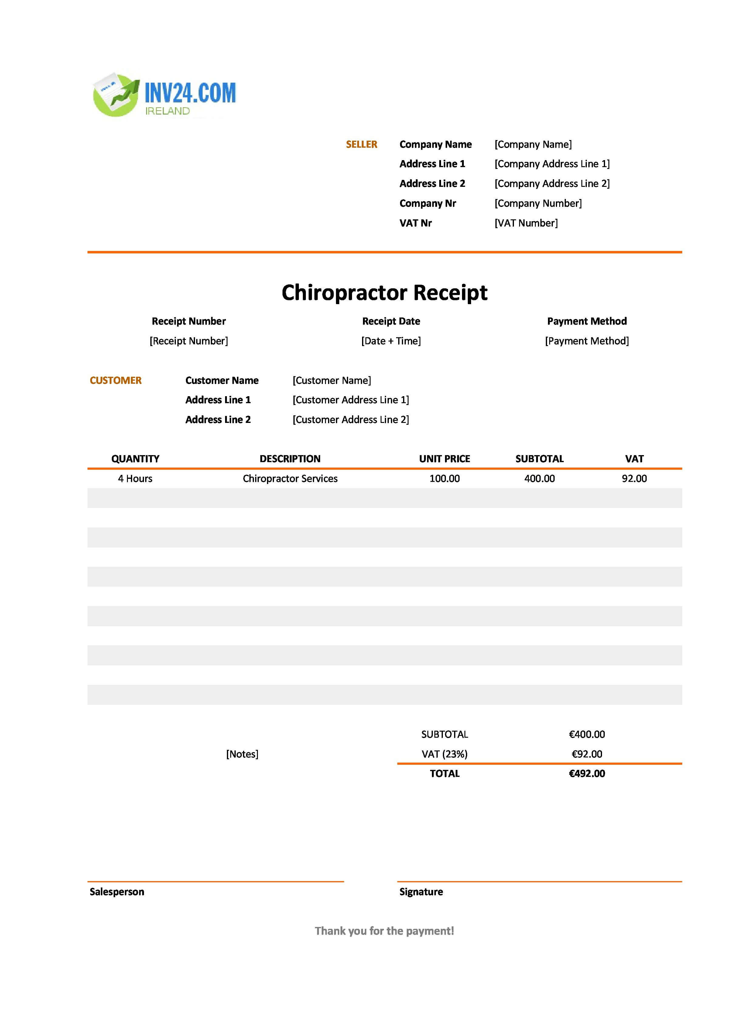 Chiropractic Receipt Template for Ireland (Excel / Google Sheets)