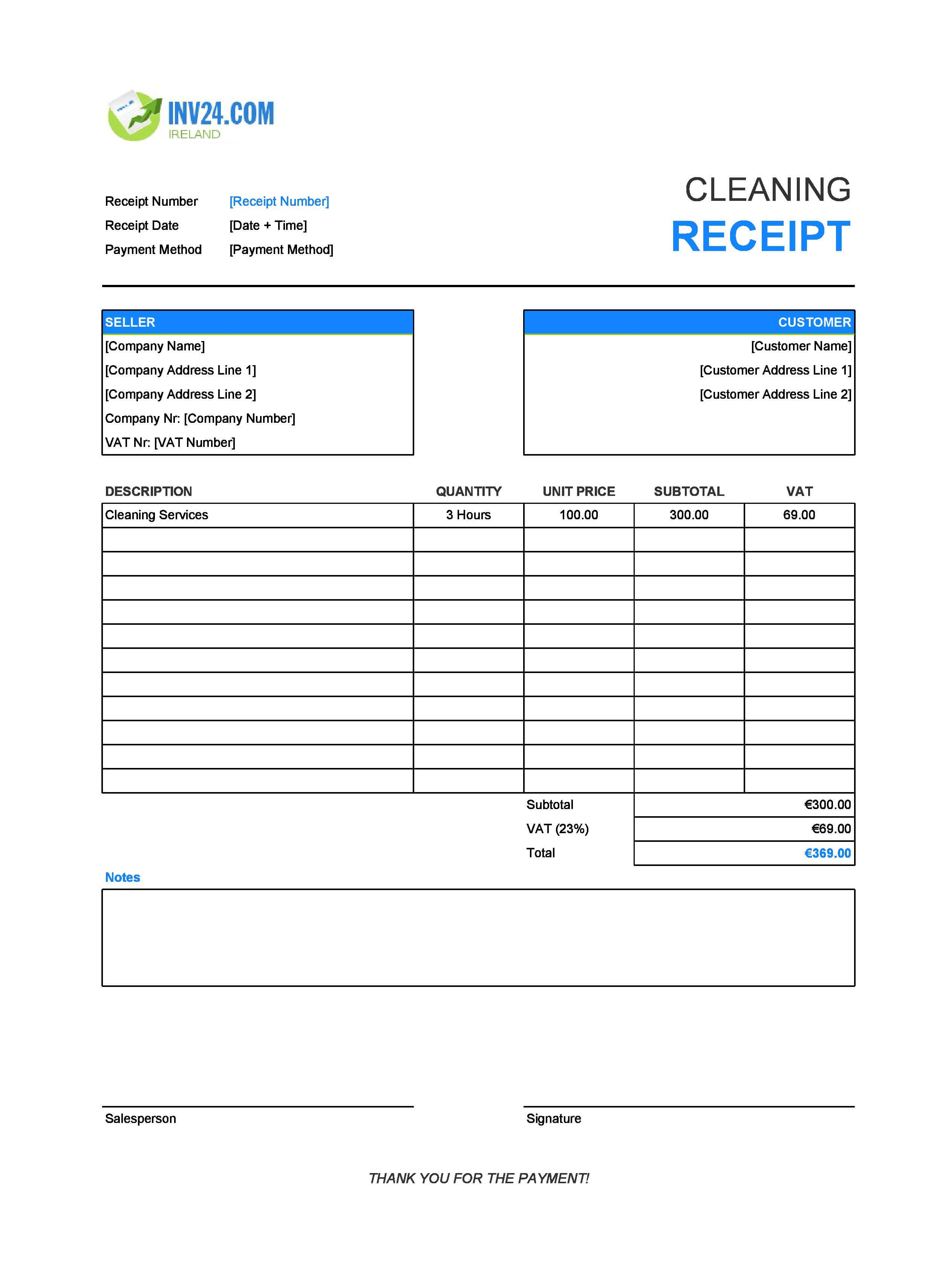 Cleaning Receipt Template for Ireland (Excel / Google Sheets)