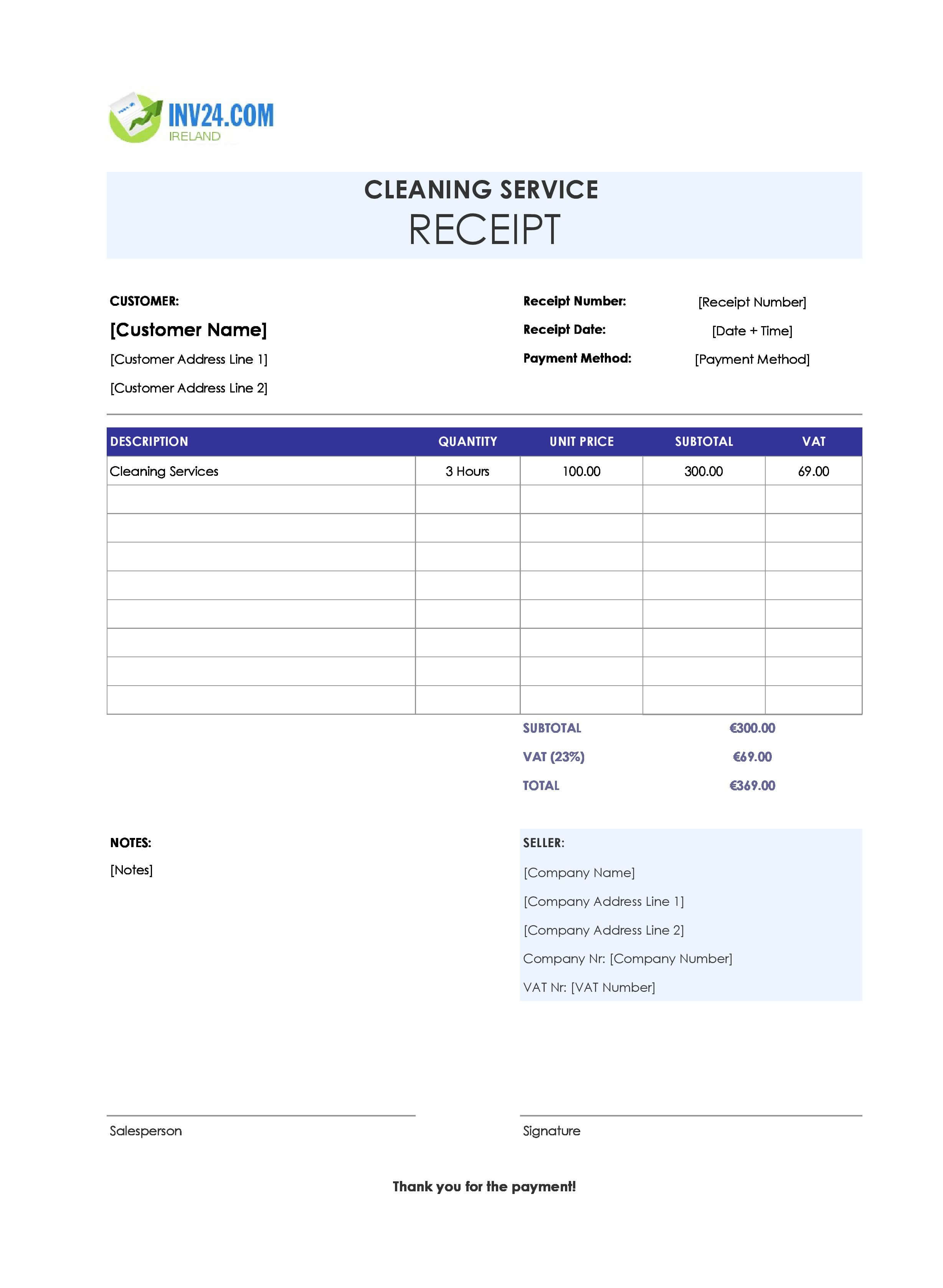 Cleaning Service Receipt Template for Ireland (Excel / Google Sheets)